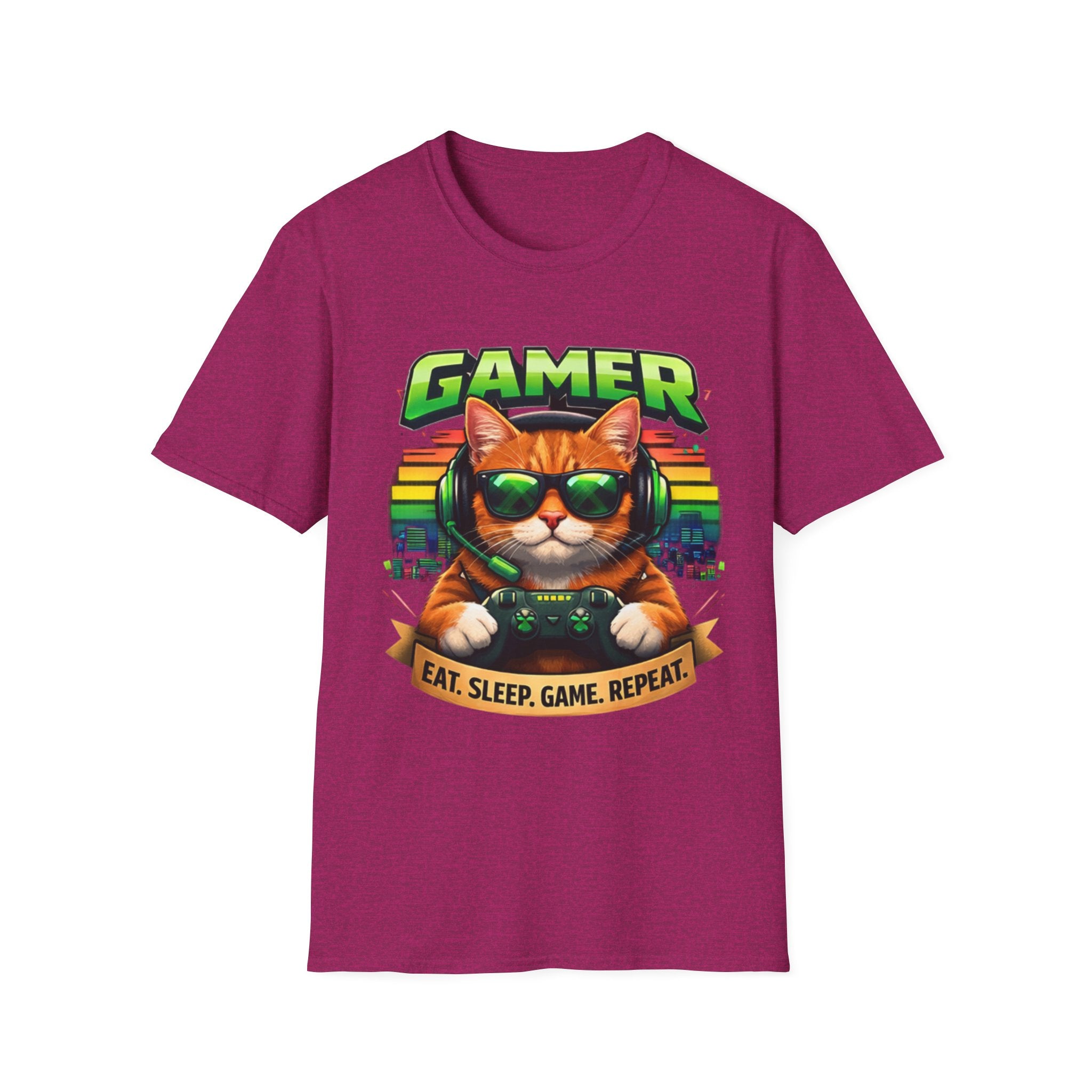 Gamer Cat with Controller T-Shirt | Eat Sleep Game Repeat
