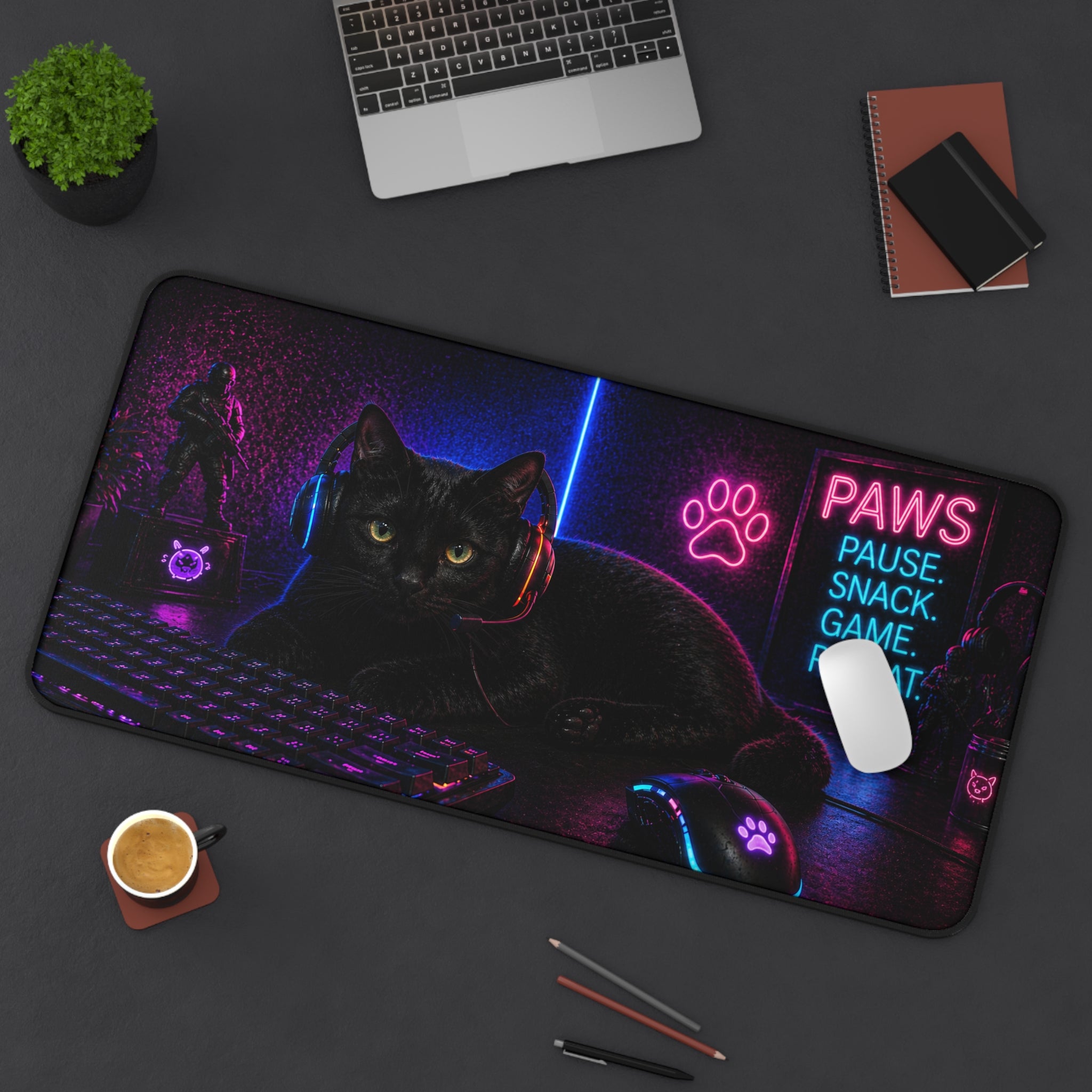 Paws Pause Snack Game Repeat Black Cat Desk Mat | Gaming Mouse Pad