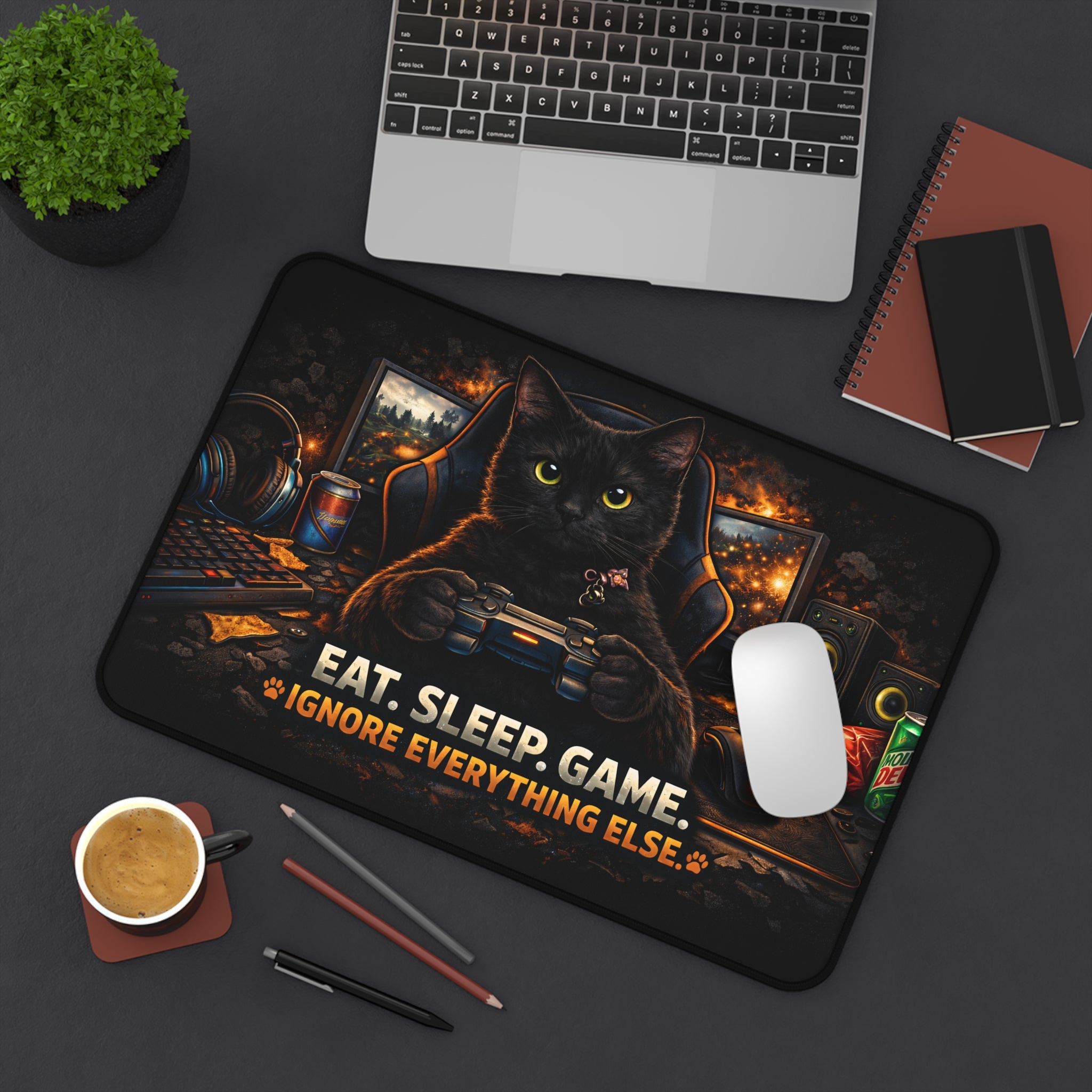 Black Cat Eat Sleep Game Desk Mat | Cute Gaming Mousepad, Cat Lover Desk Pad