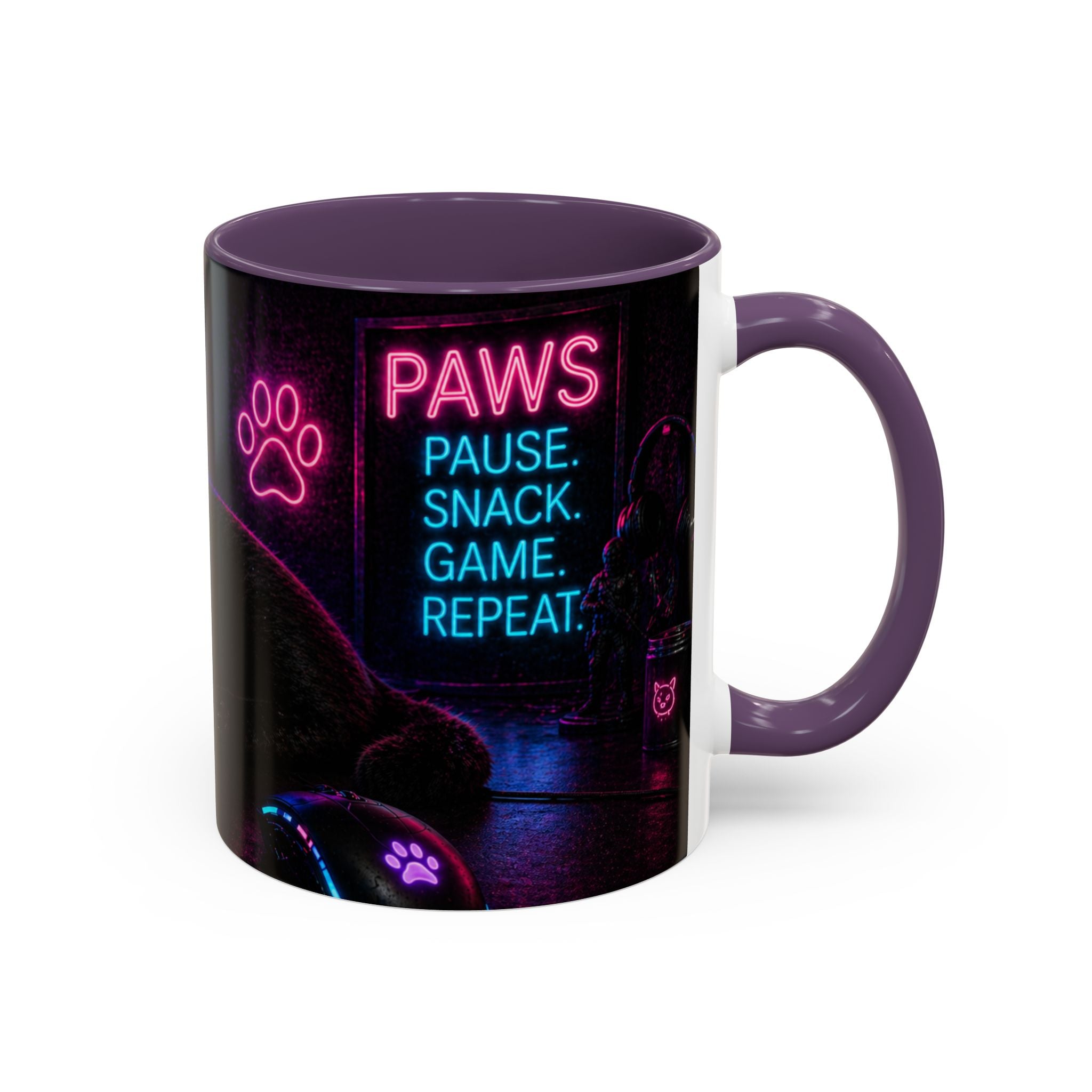 PAWS Pause Snack Game Repeat Cat Coffee Mug | Neon Gaming Cat Mug