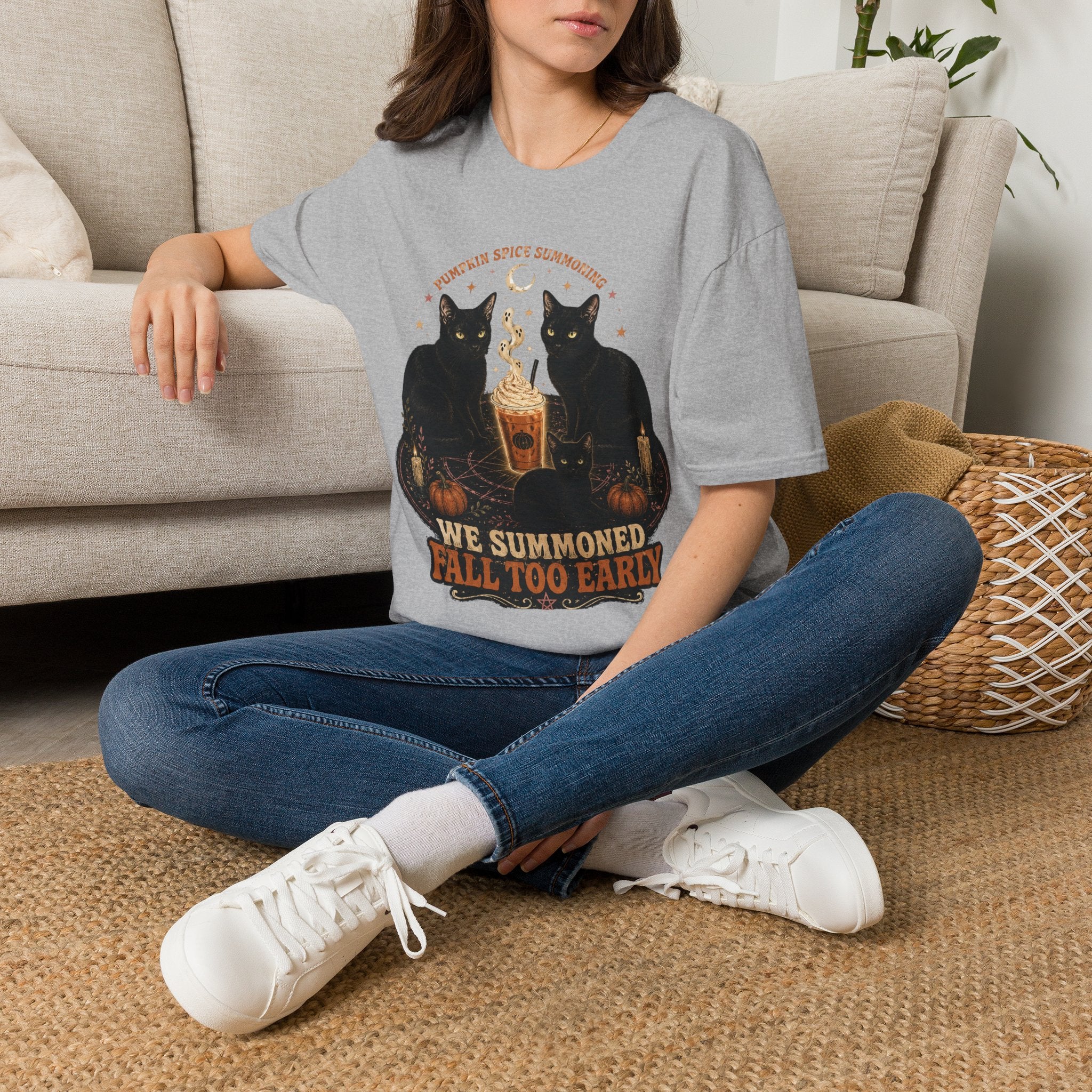 Pumpkin Spice Summoning T-Shirt | Black Cats, Fall Latte Illustration