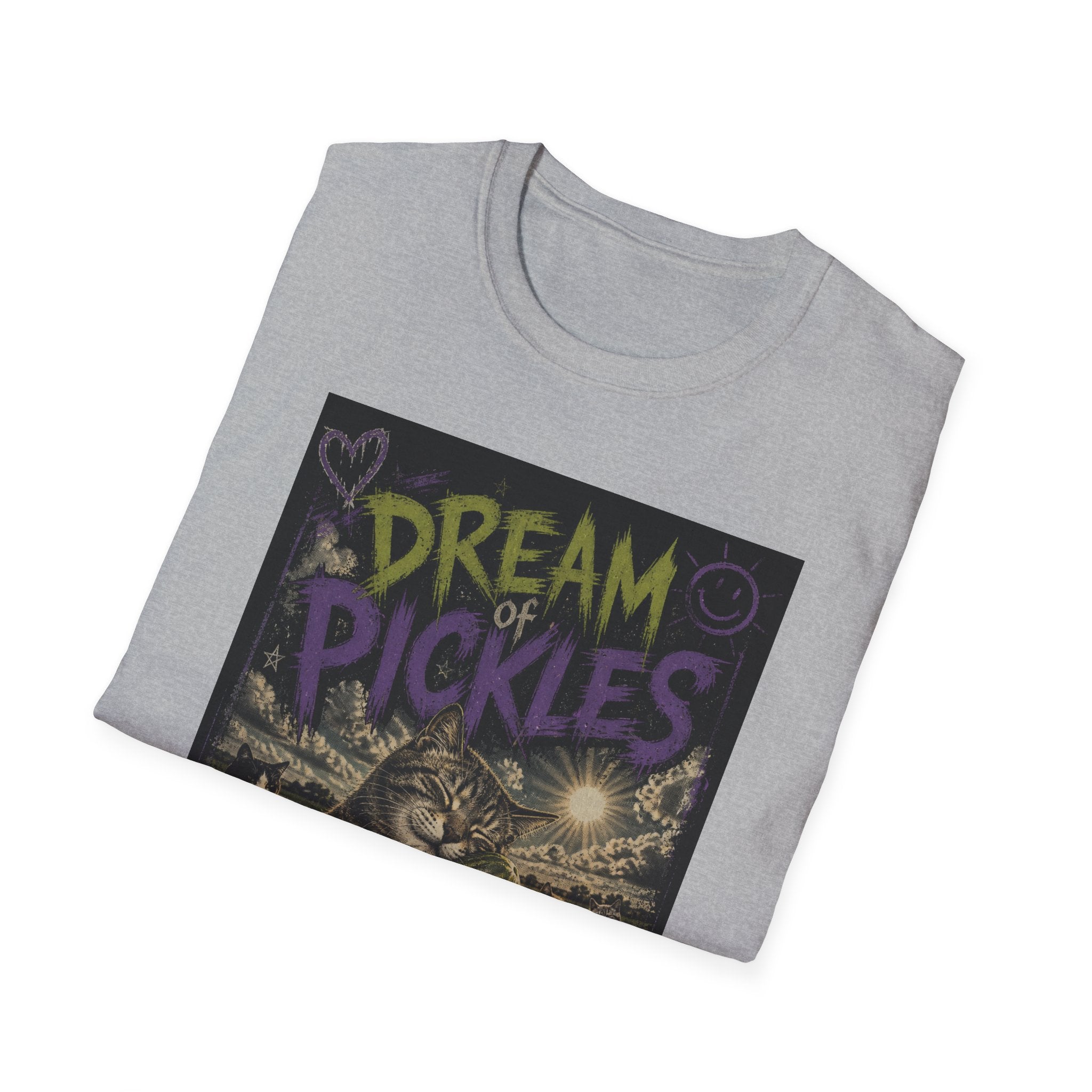 Dream of Pickles cat illustration T-Shirt | whimsical night scene, purple text