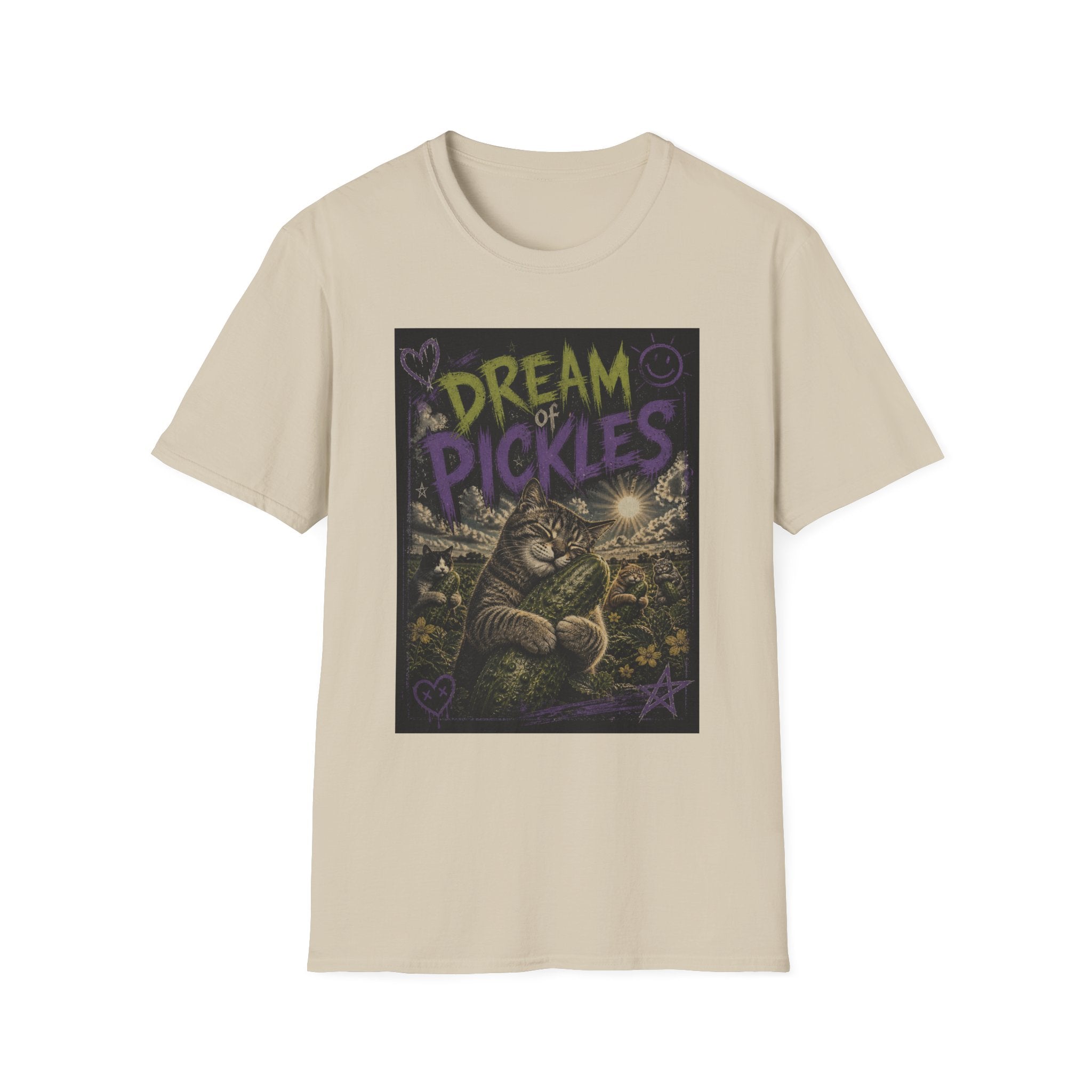 Dream of Pickles cat illustration T-Shirt | whimsical night scene, purple text