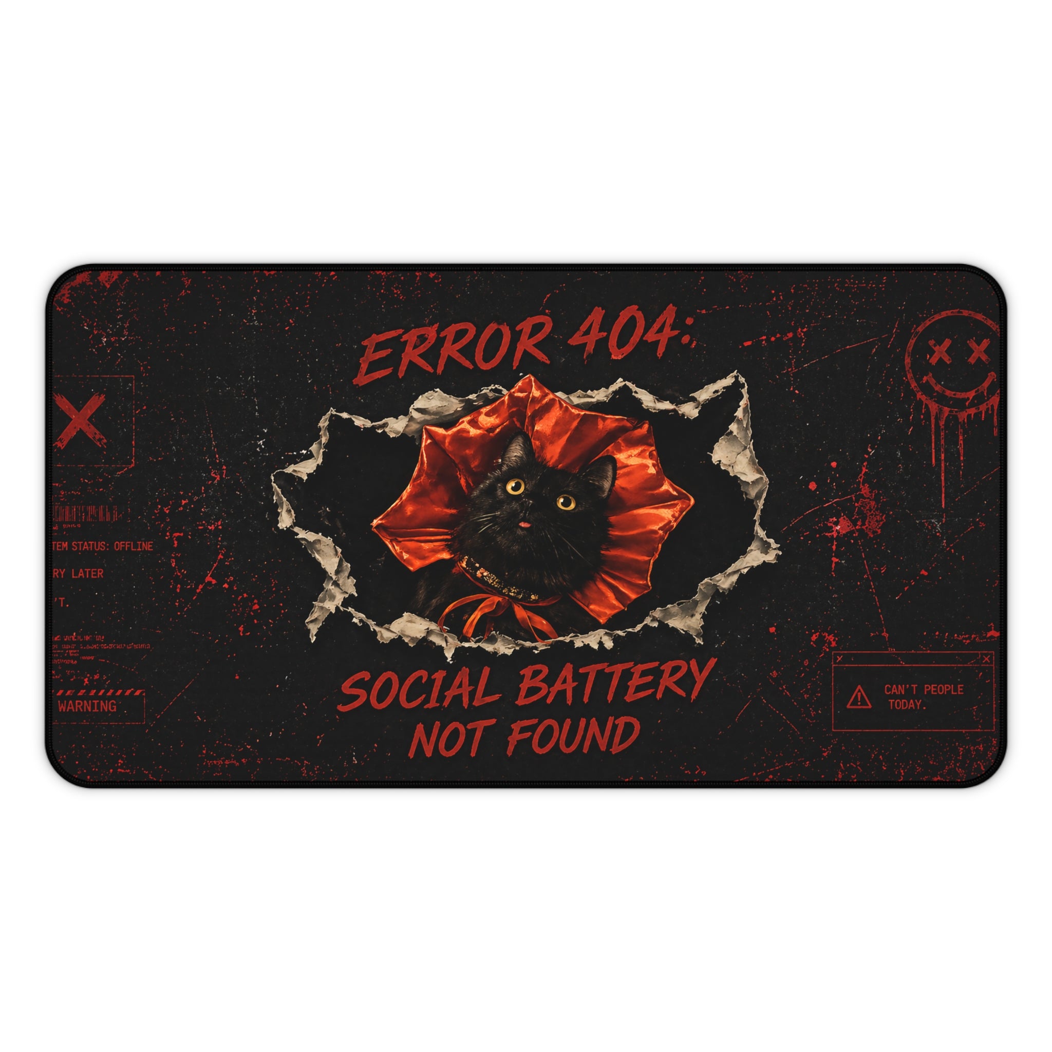 Error 404 Social Battery Not Found Desk Mat | Black Cat Desk Pad