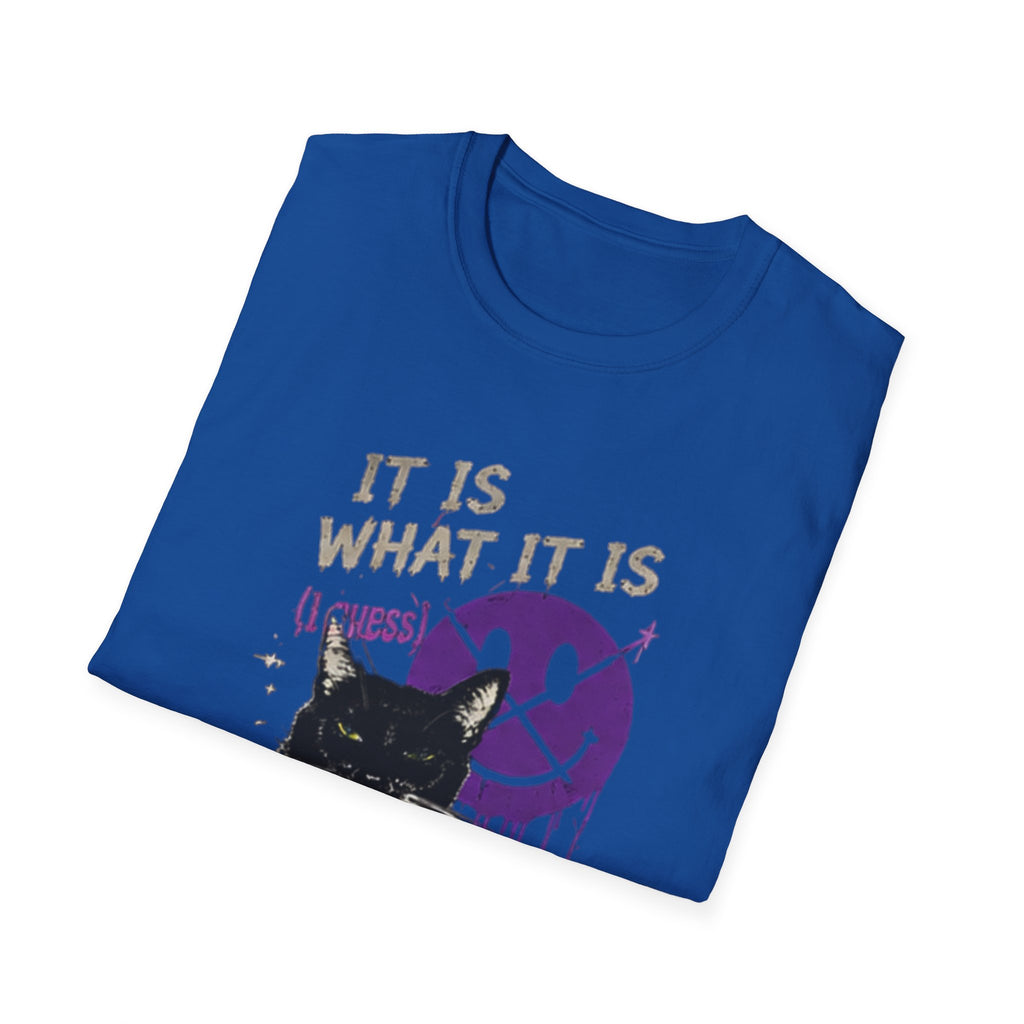 Grinning Black Cat with Purple Drip Smiley T-Shirt | It Is What It Is