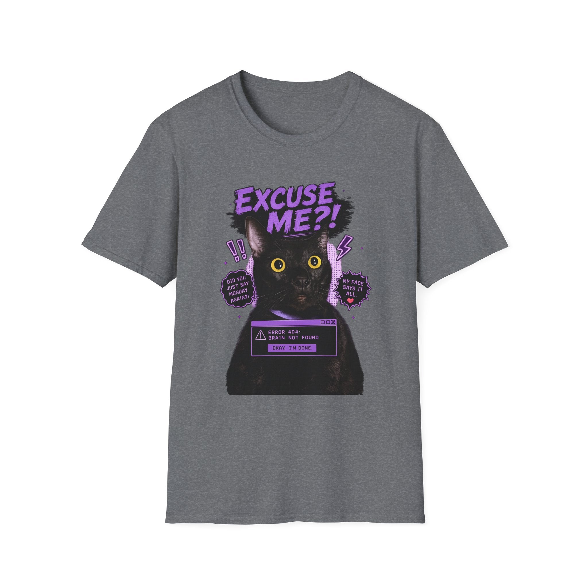 Excuse Me?! Black Cat Graphic T-Shirt | Retro Purple Horror Pop Art