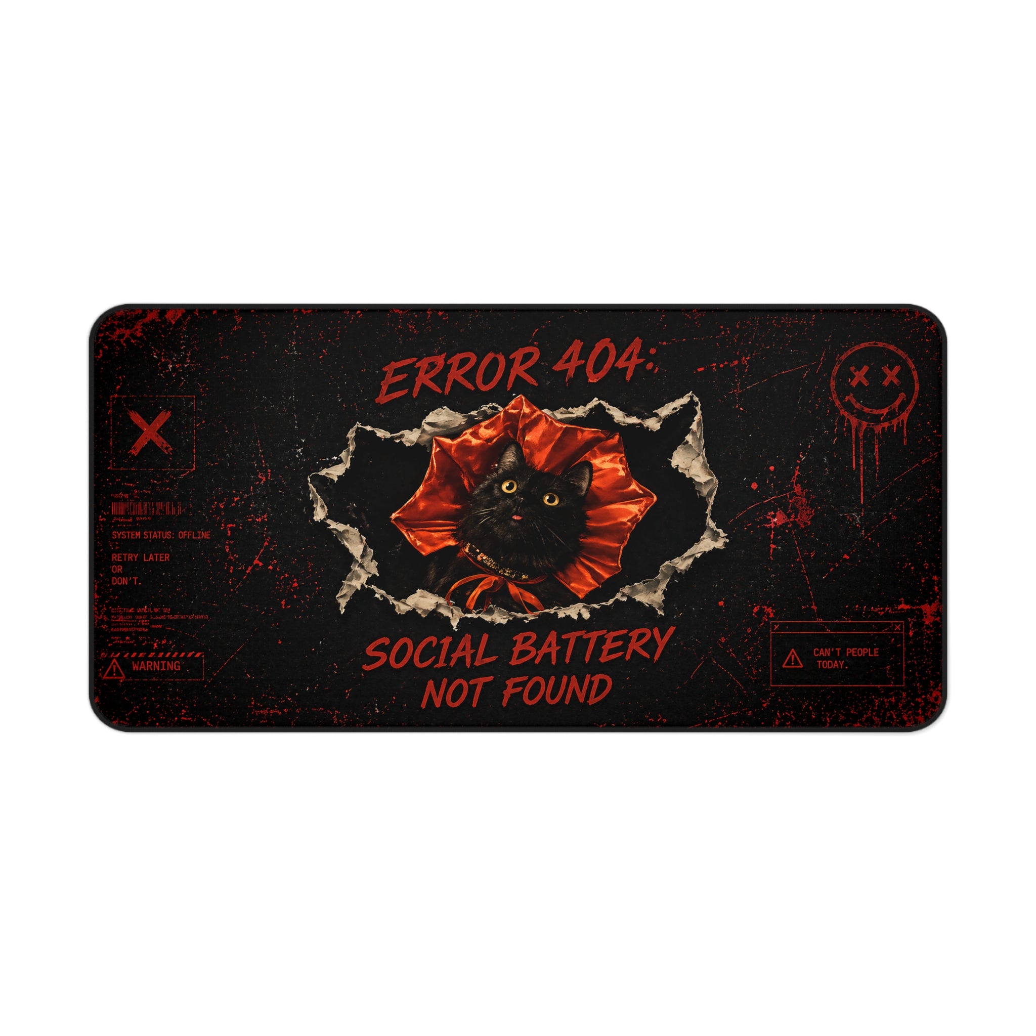 Error 404 Social Battery Not Found Desk Mat | Black Cat Desk Pad