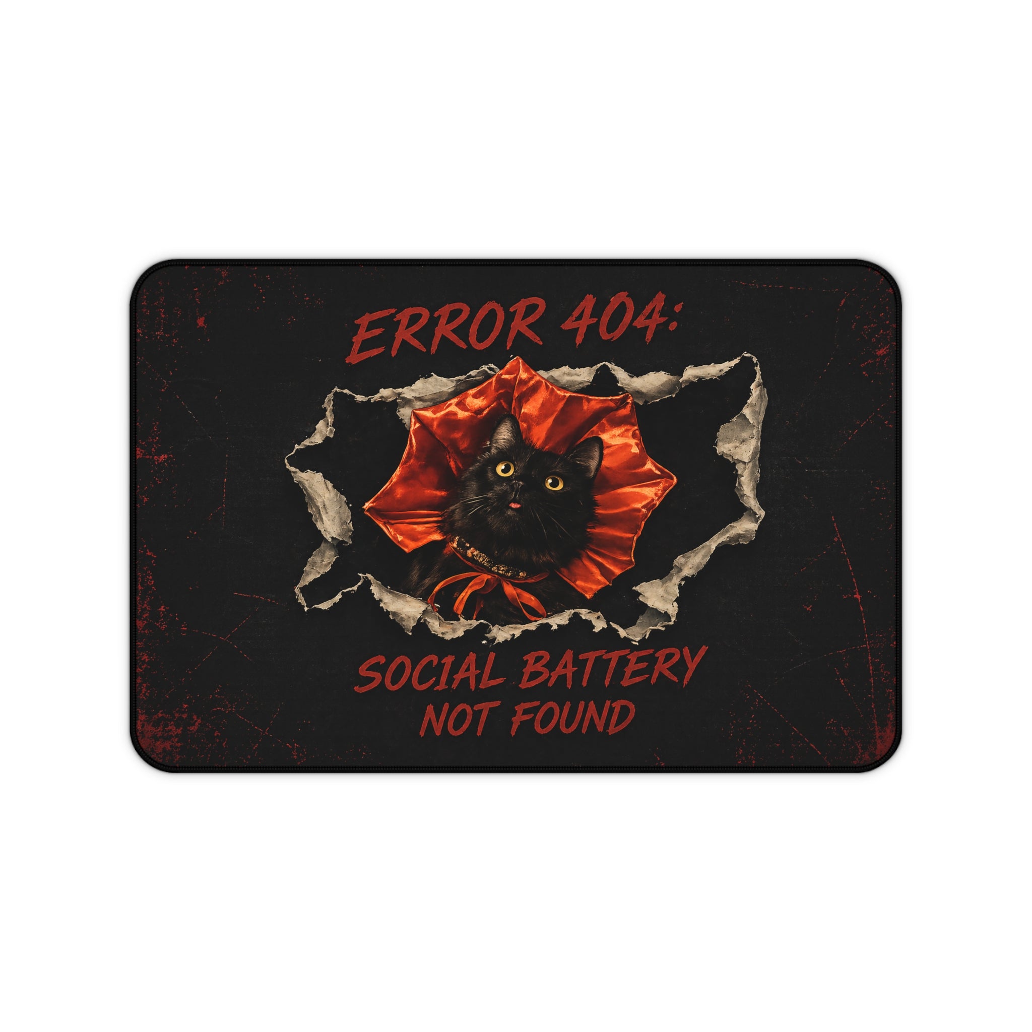 Error 404 Social Battery Not Found Desk Mat | Black Cat Desk Pad