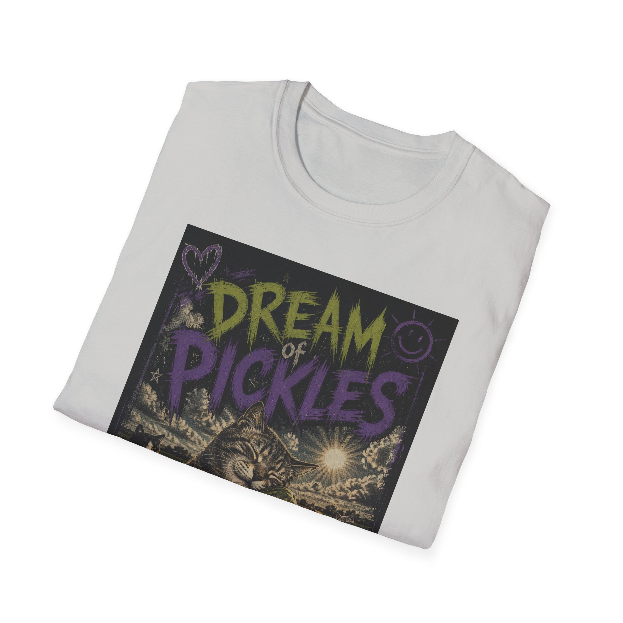 Dream of Pickles cat illustration T-Shirt | whimsical night scene, purple text