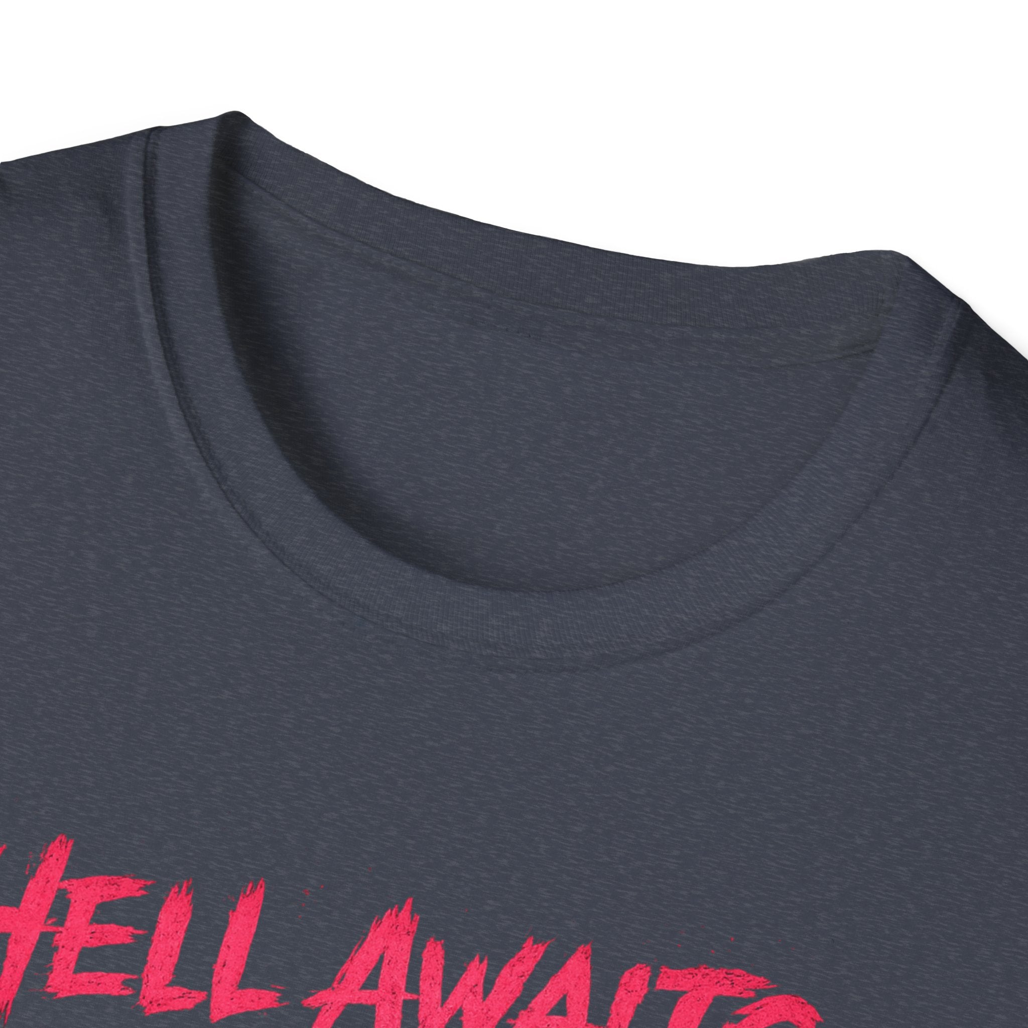 Hell Awaits I'm Coming cat graphic T-Shirt | Gothic moon, neon pink horror