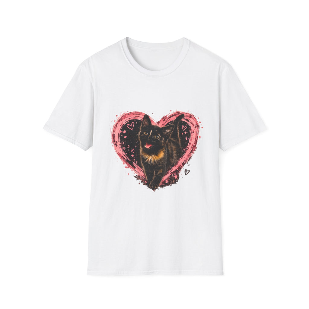 Black Cat in Pink Heart T-Shirt | Cute Cat Portrait Tee