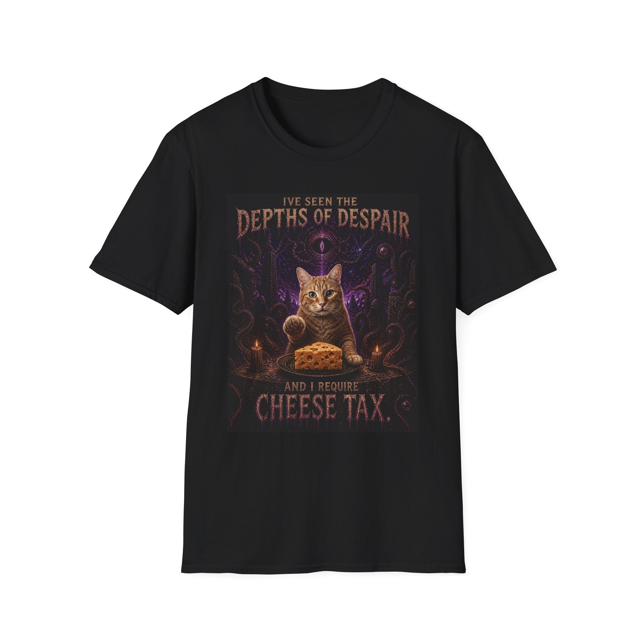 Depths of Despair Cat with Cheese, T-Shirt | Cat Illustration, Funny Quote