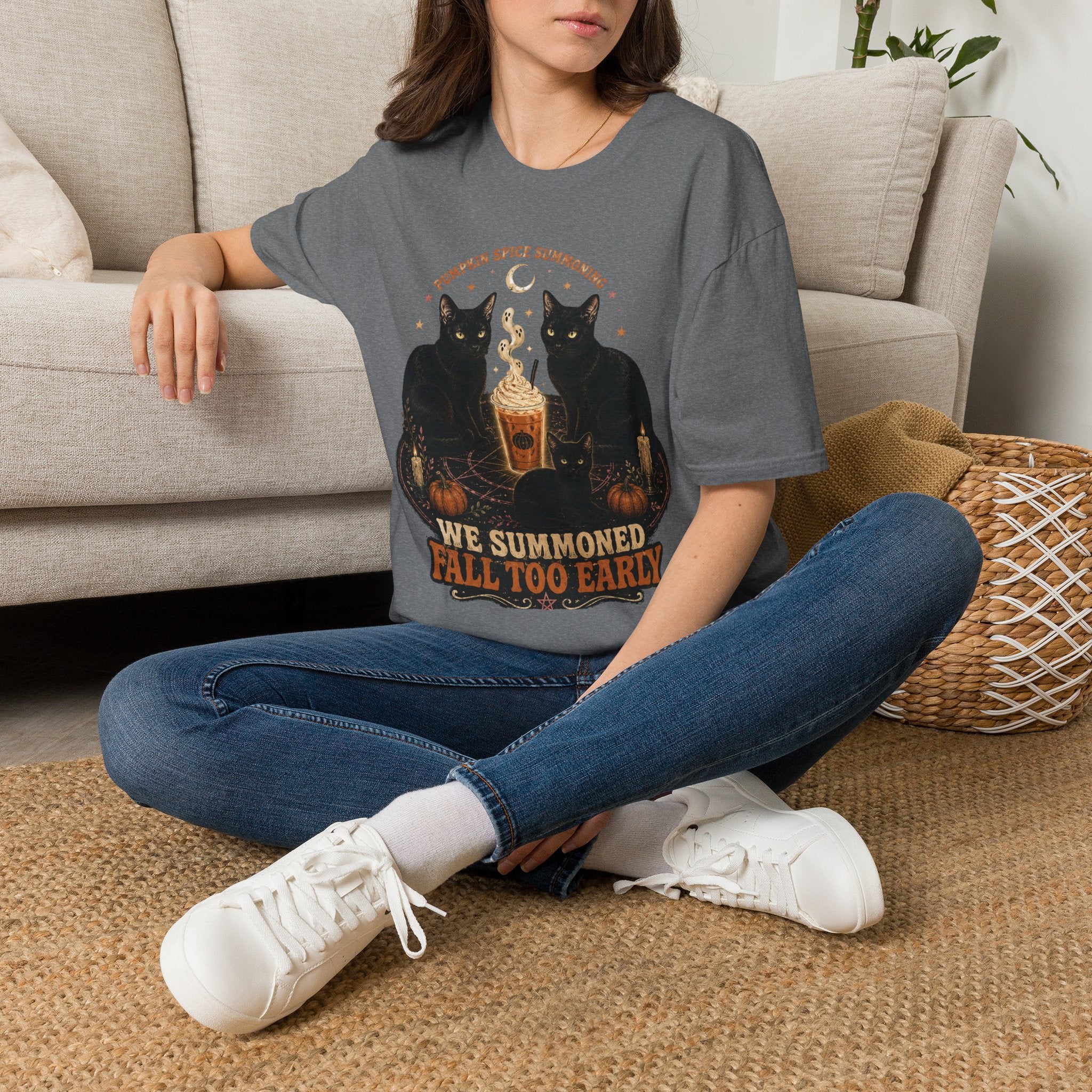 Pumpkin Spice Summoning T-Shirt | Black Cats, Fall Latte Illustration