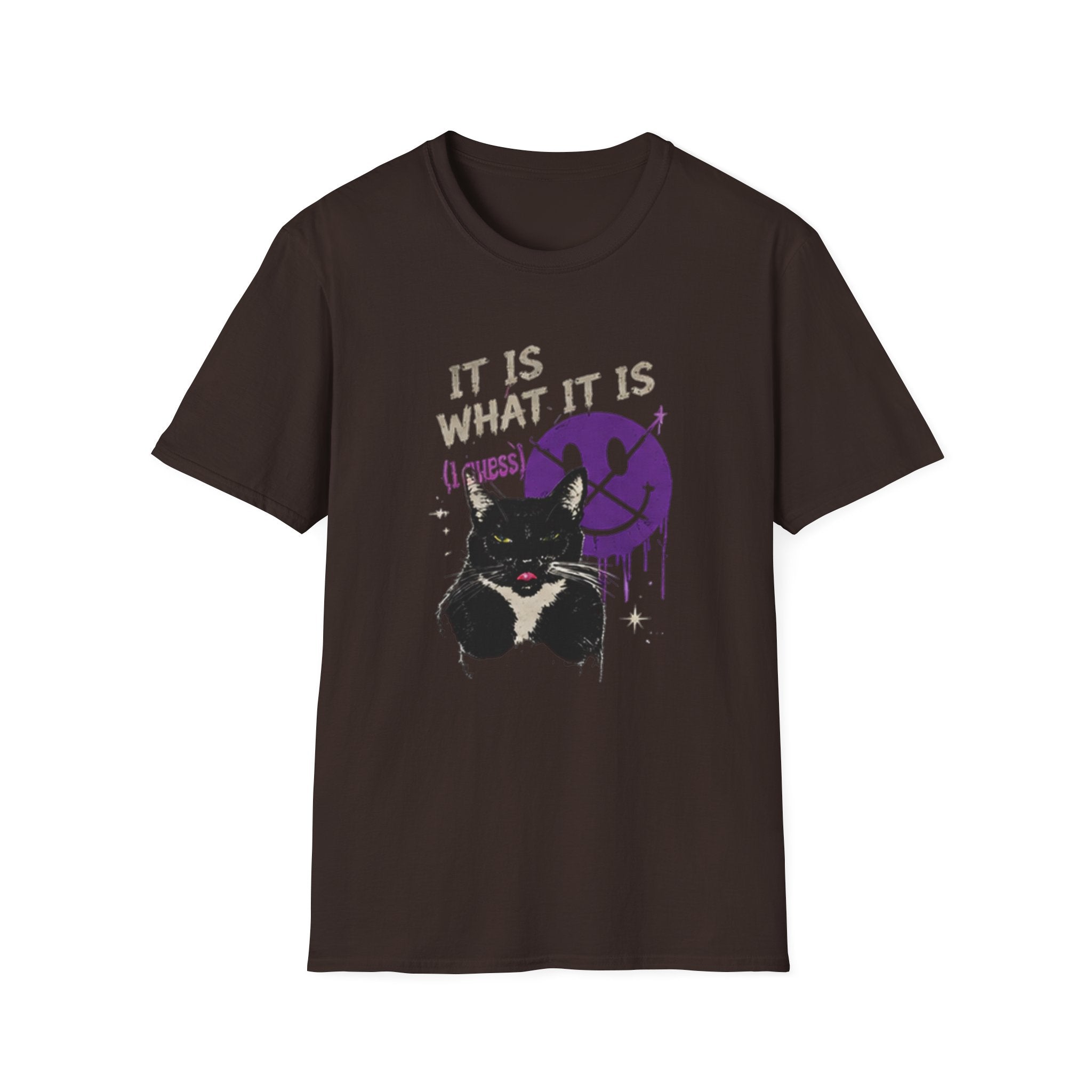 Grinning Black Cat with Purple Drip Smiley T-Shirt | It Is What It Is