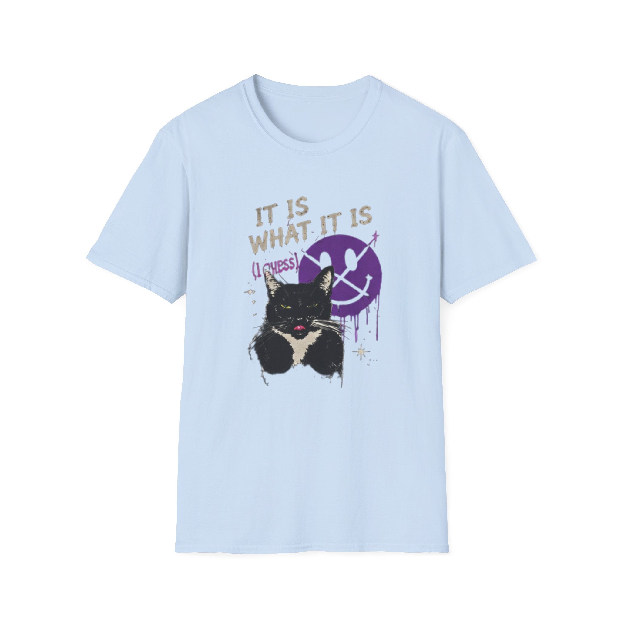 Grinning Black Cat with Purple Drip Smiley T-Shirt | It Is What It Is
