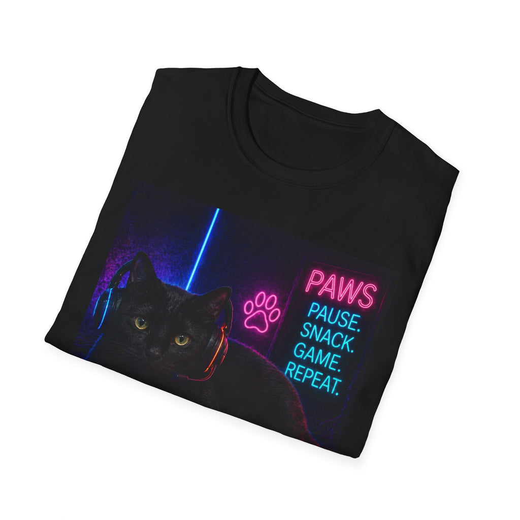 Paws Pause Snack Game Repeat T-Shirt | Cat Gamer Neon Design