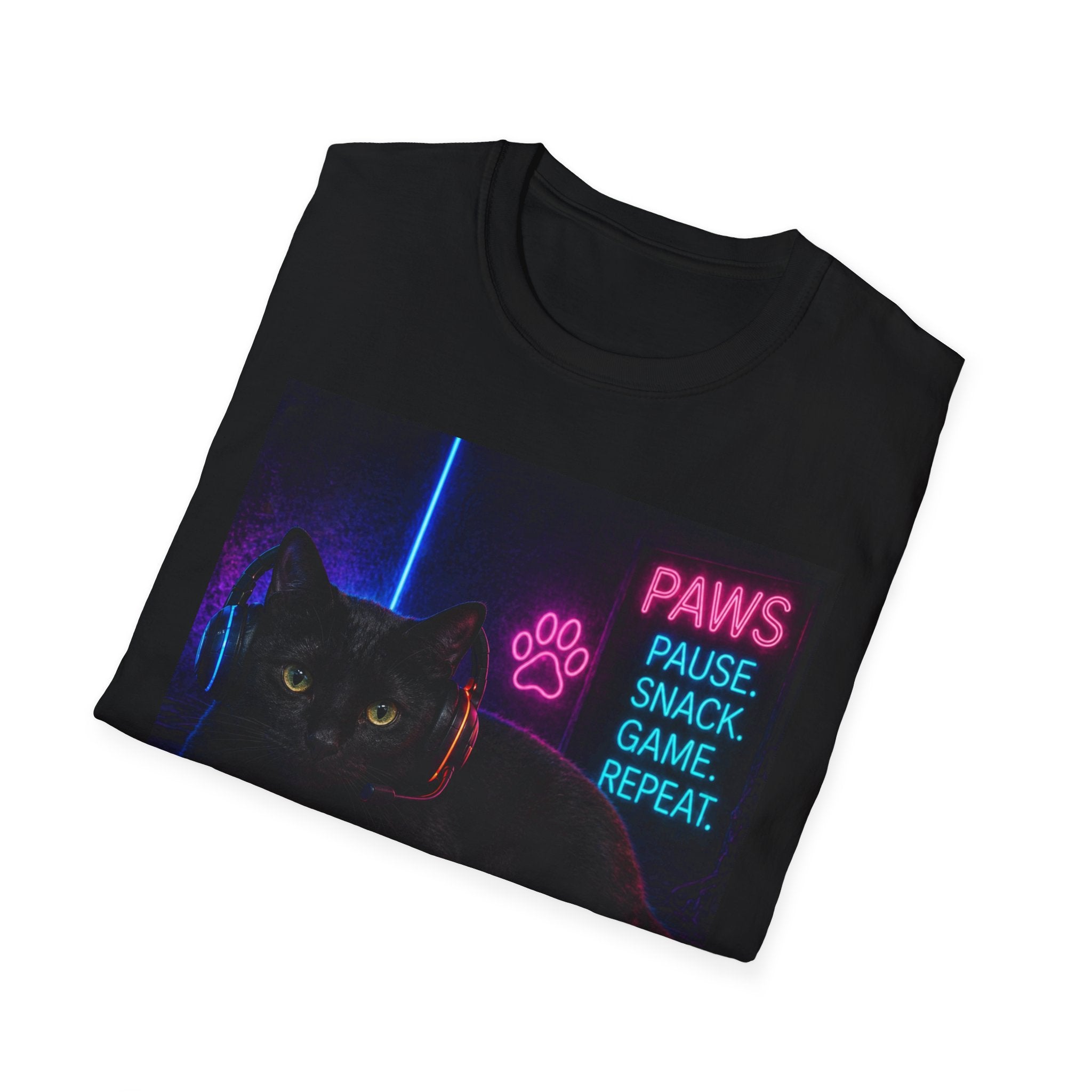 Paws Pause Snack Game Repeat T-Shirt | Cat Gamer Neon Design