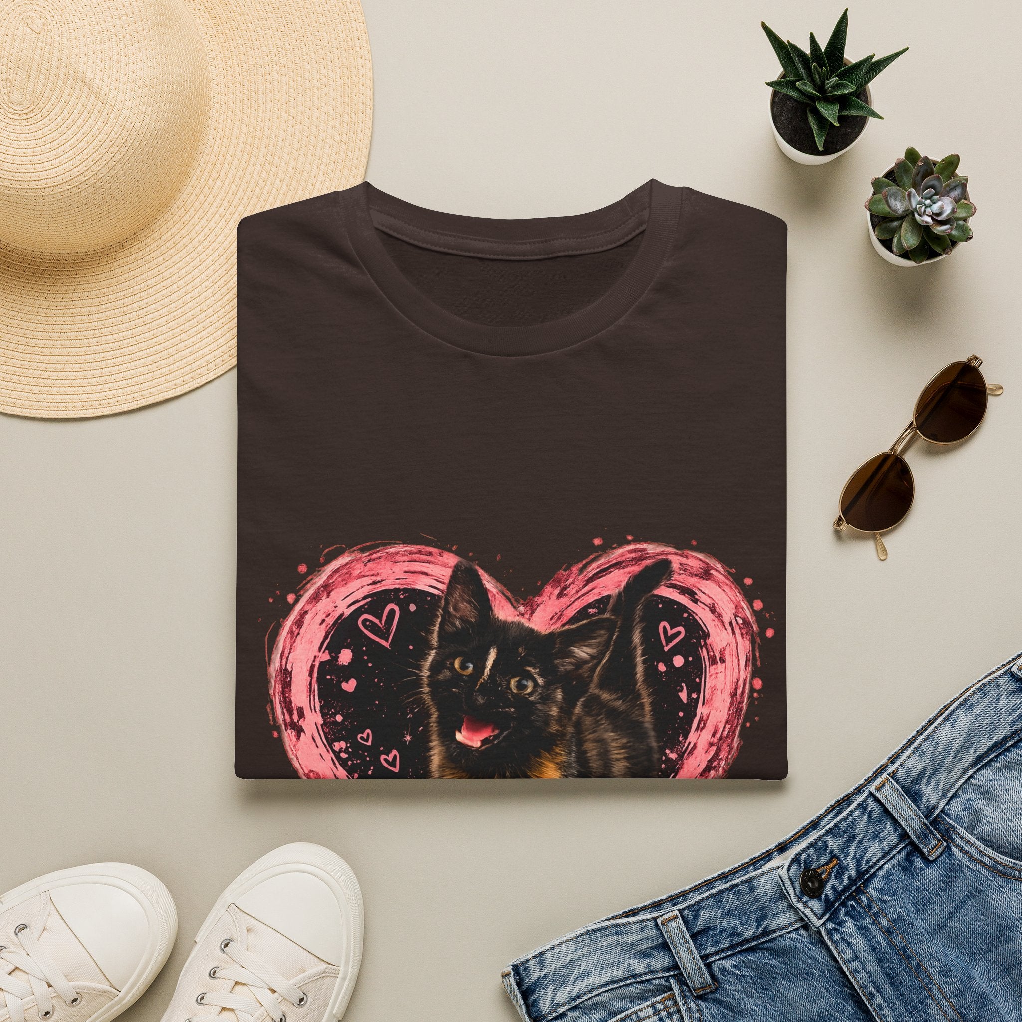 Black Cat in Pink Heart T-Shirt | Cute Cat Portrait Tee