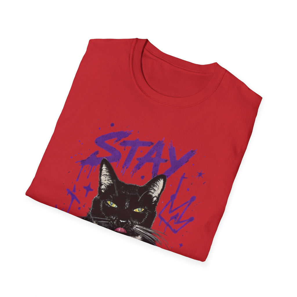 Stay Feral Cat Illustration T-Shirt | Black Cat, Purple Graffiti Text