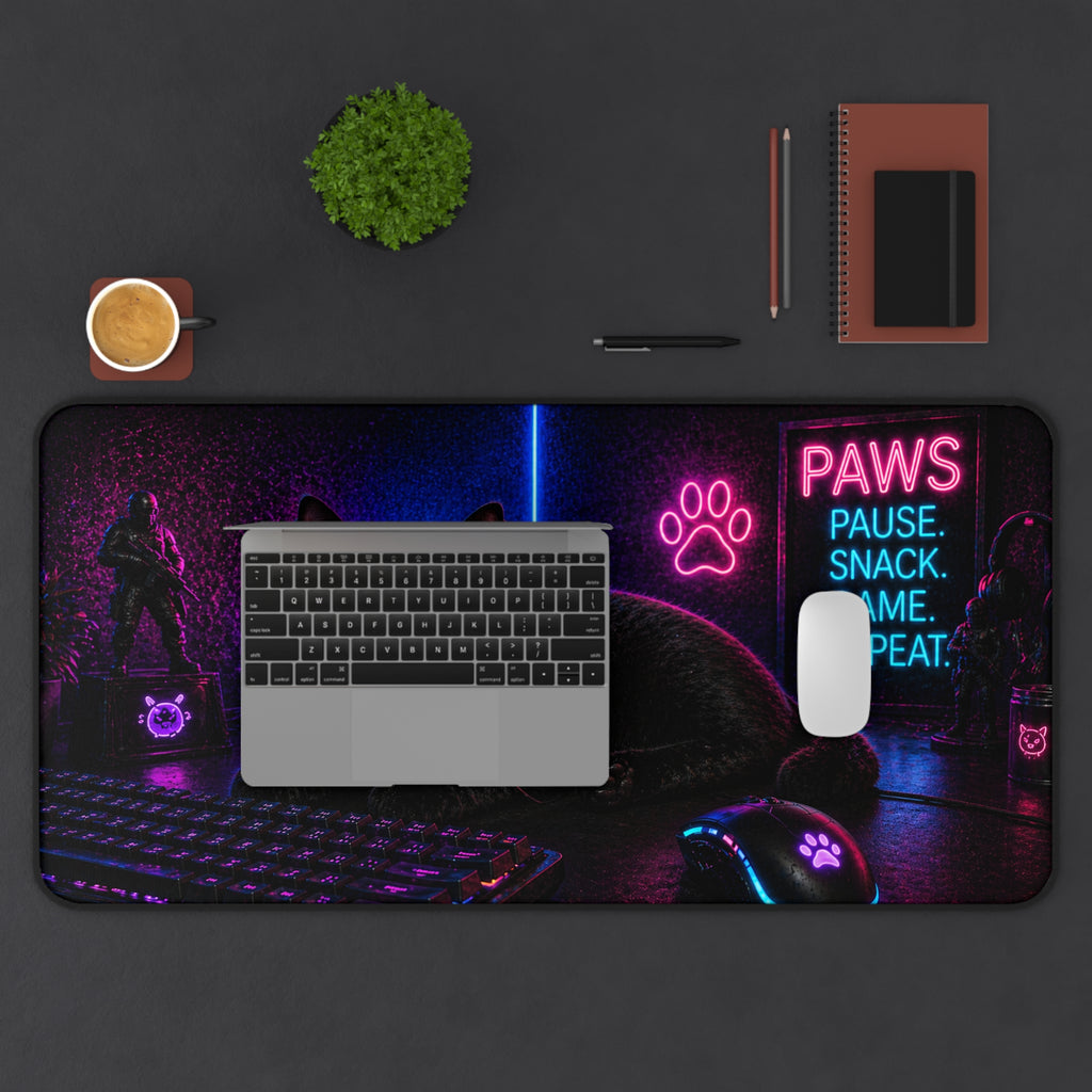 Paws Pause Snack Game Repeat Black Cat Desk Mat | Gaming Mouse Pad
