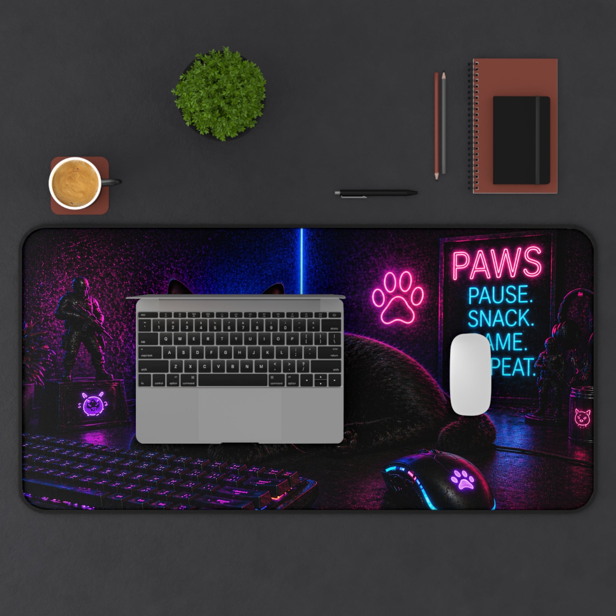 Paws Pause Snack Game Repeat Black Cat Desk Mat | Gaming Mouse Pad