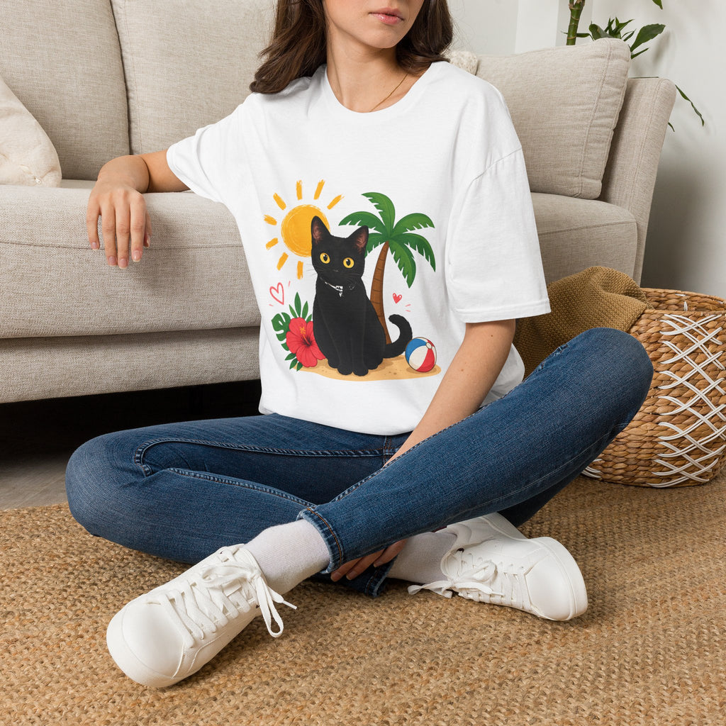 Black Cat Beach Scene T-Shirt | Palm Tree, Sun, Hibiscus