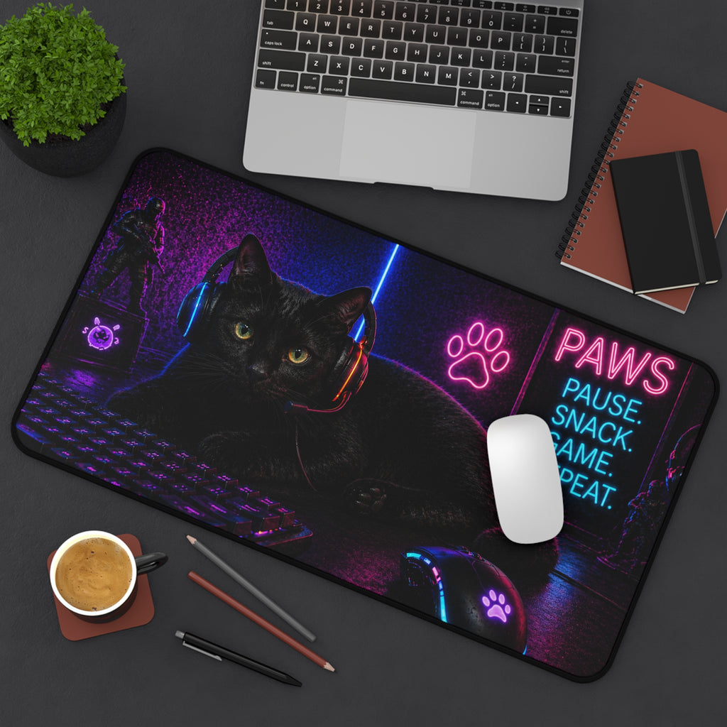 Paws Pause Snack Game Repeat Black Cat Desk Mat | Gaming Mouse Pad