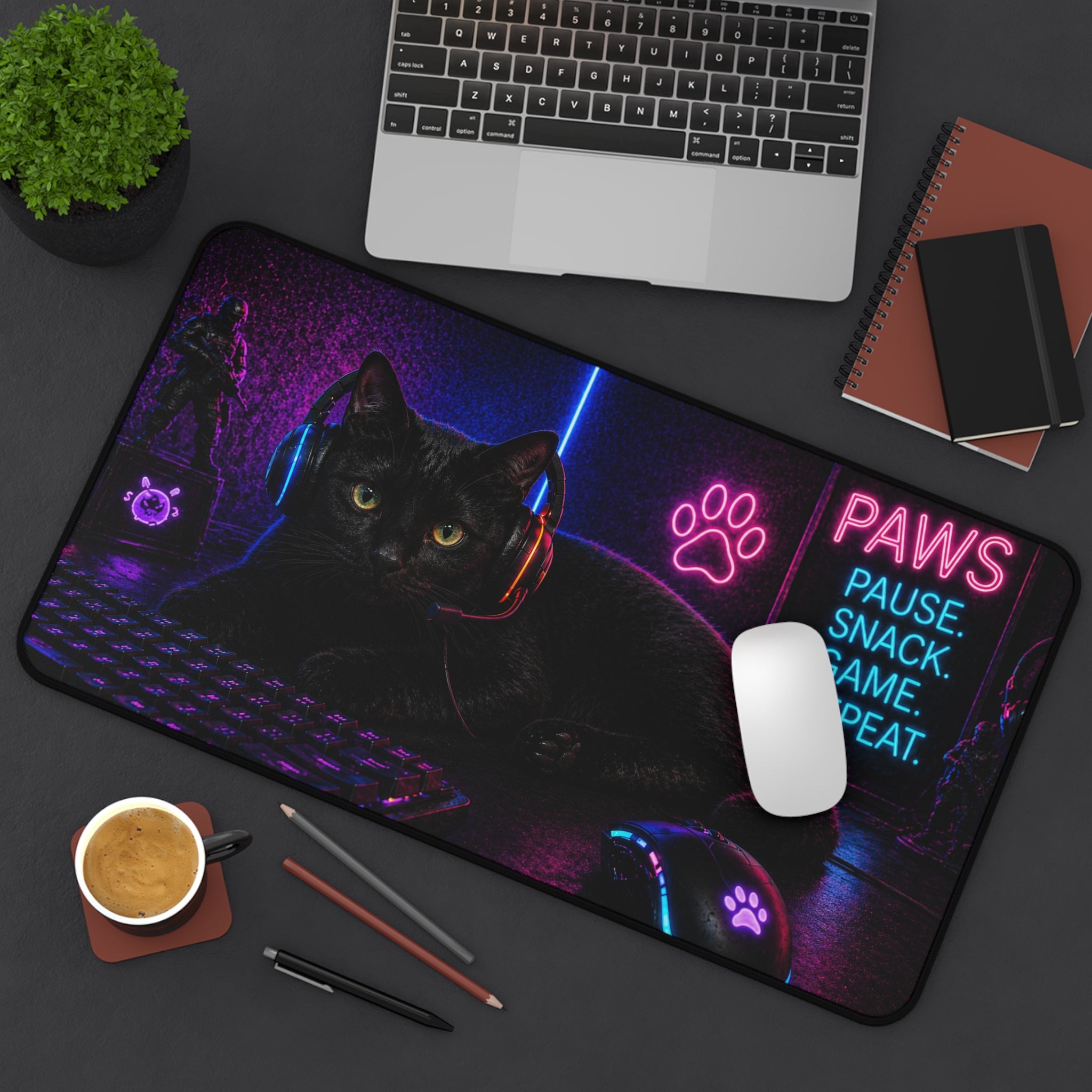 Paws Pause Snack Game Repeat Black Cat Desk Mat | Gaming Mouse Pad