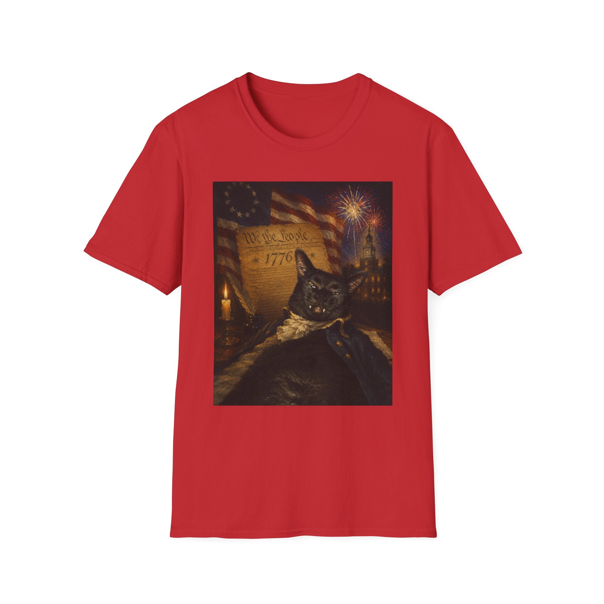 Liberty Cat 1776 T-Shirt | American Flag, Fireworks, Declaration of Independence Black Cat Fangs