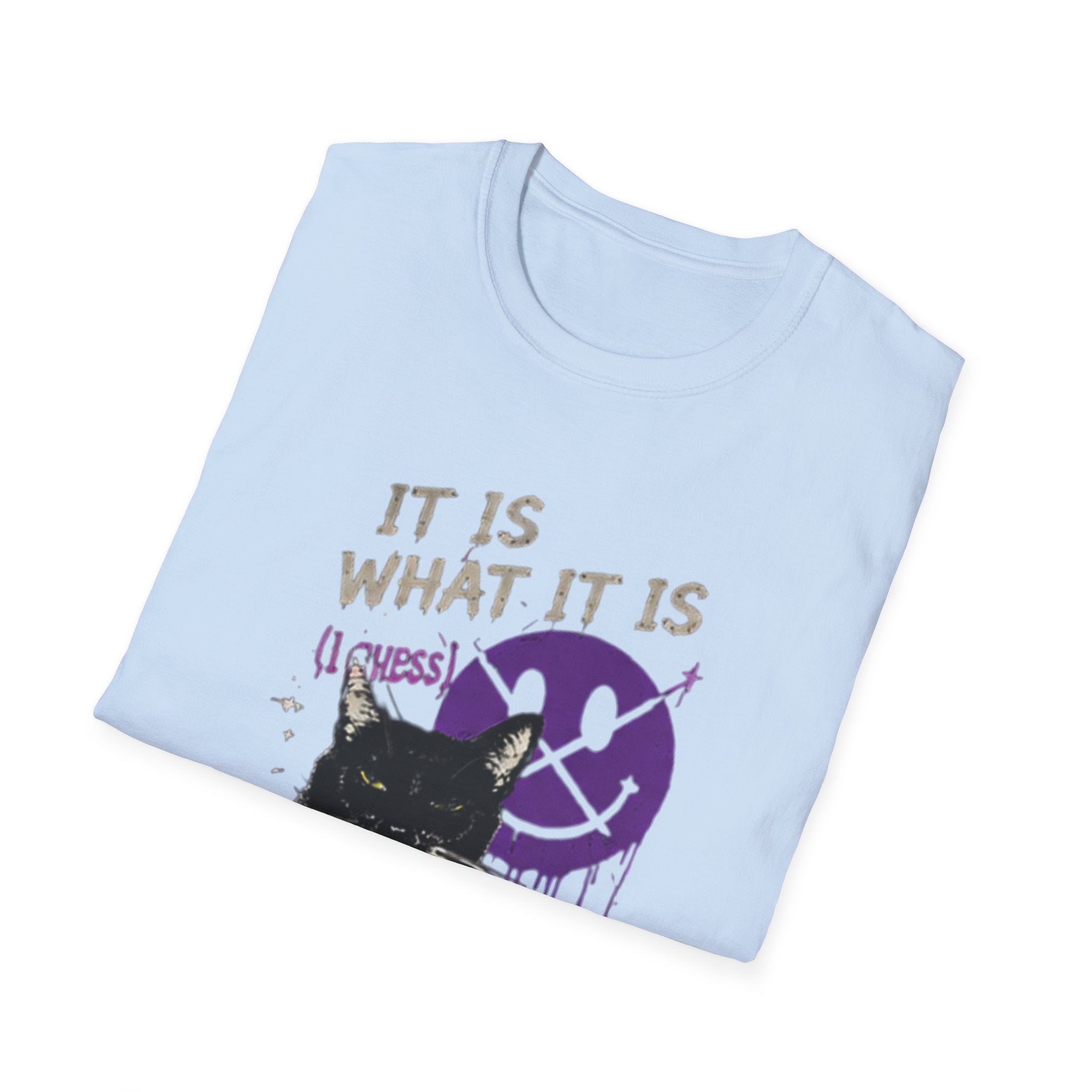 Grinning Black Cat with Purple Drip Smiley T-Shirt | It Is What It Is