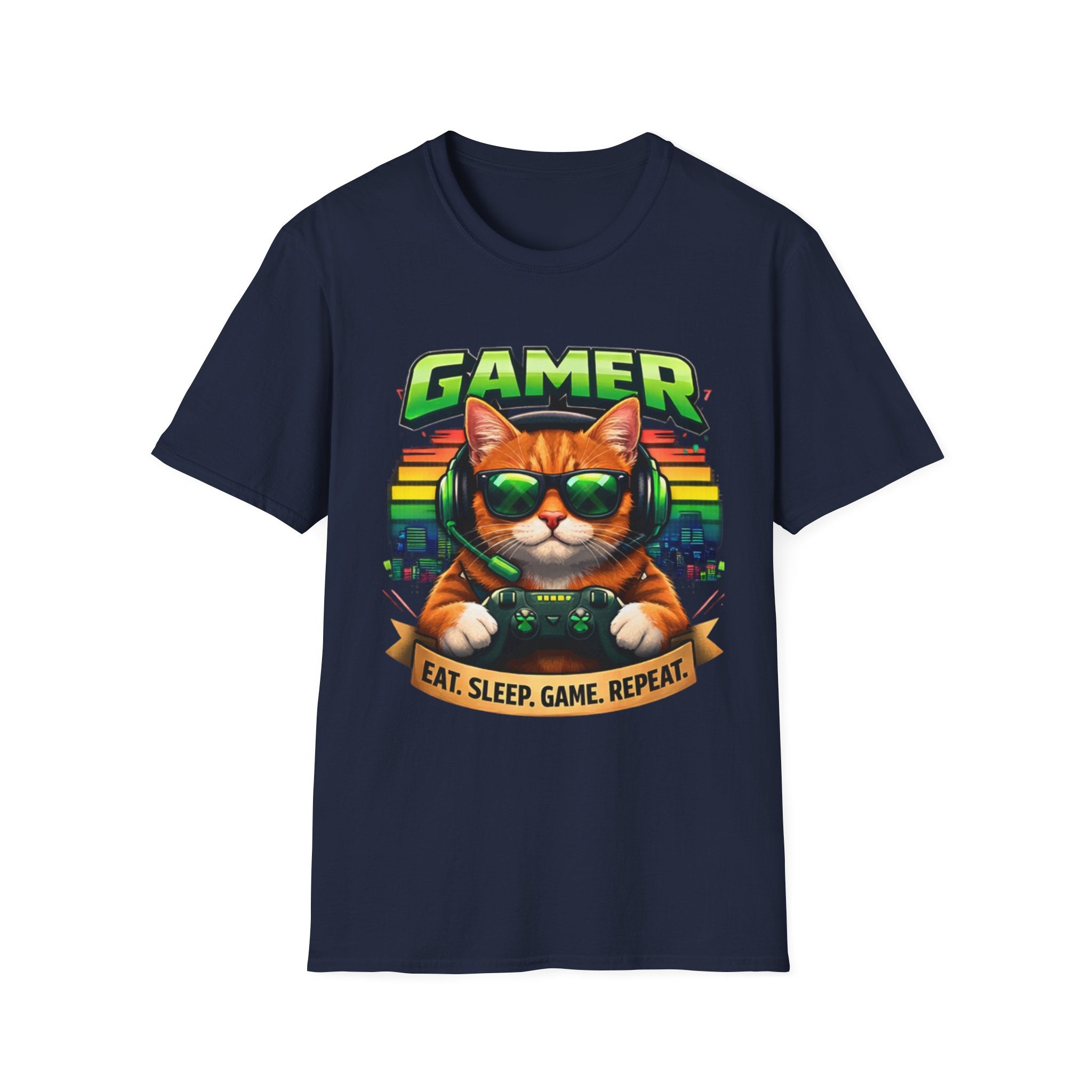 Gamer Cat with Controller T-Shirt | Eat Sleep Game Repeat