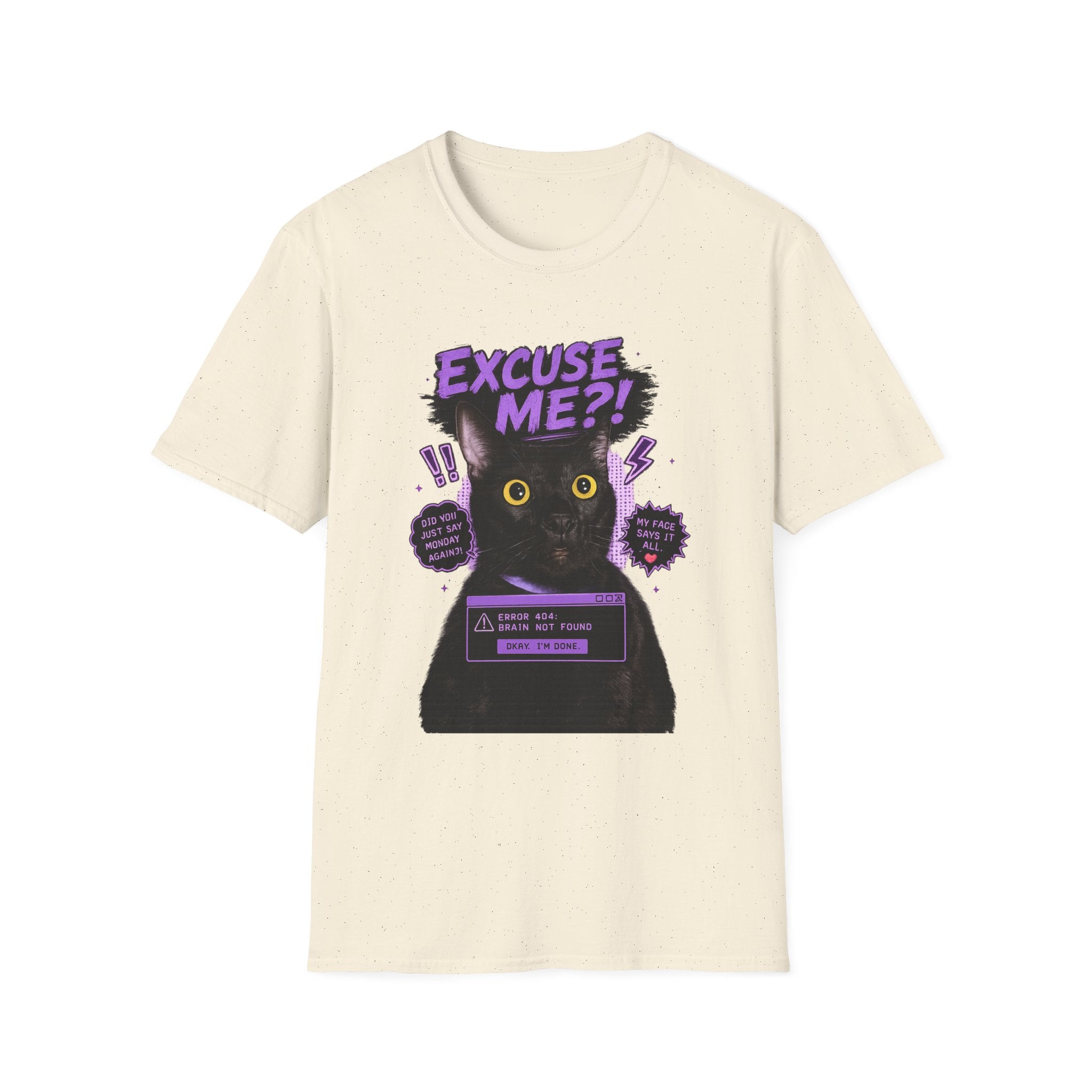 Excuse Me?! Black Cat Graphic T-Shirt | Retro Purple Horror Pop Art