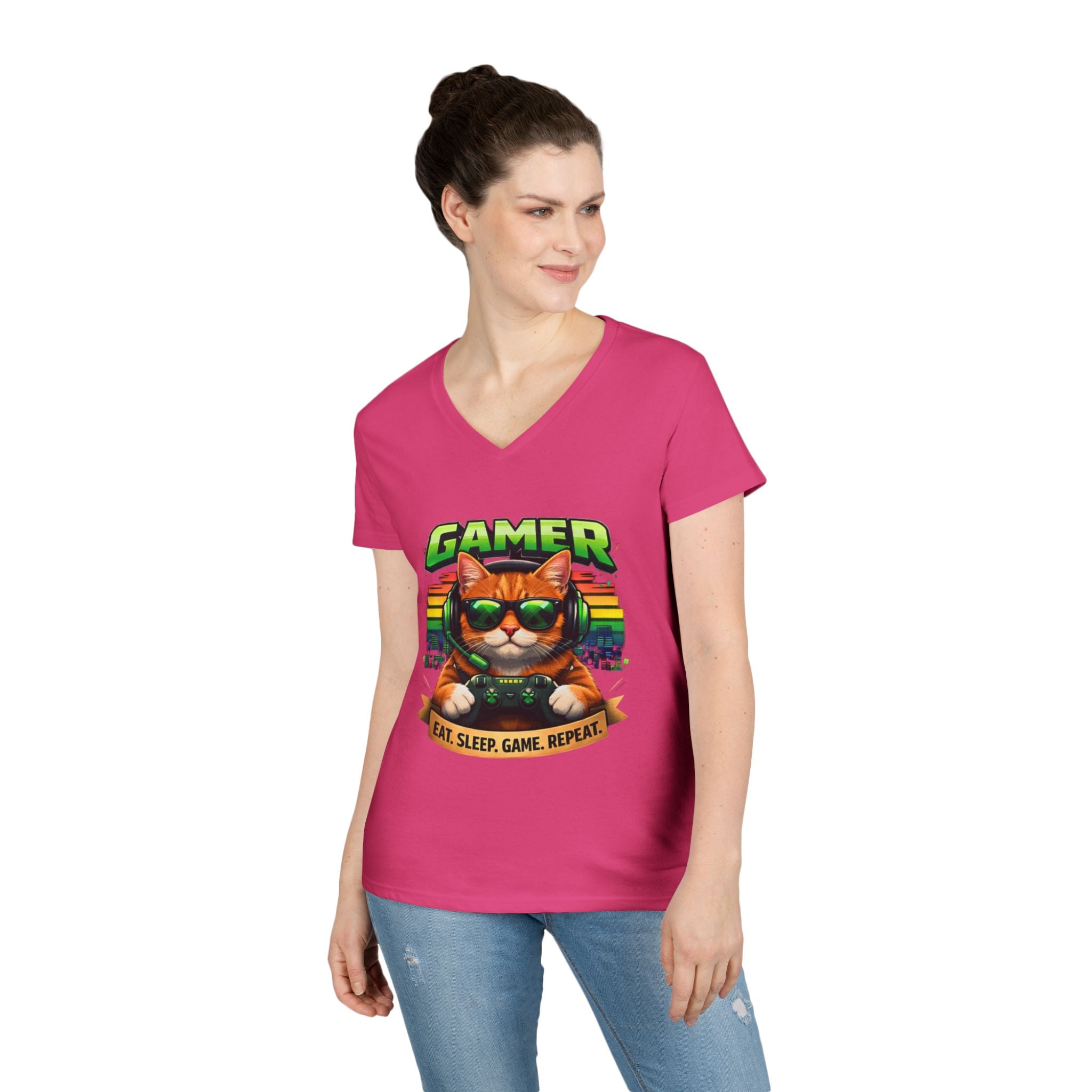 Gamer Cat Graphic Tee Ladies V-Neck T-Shirt | Retro Controller, Eat Sleep Game Repeat
