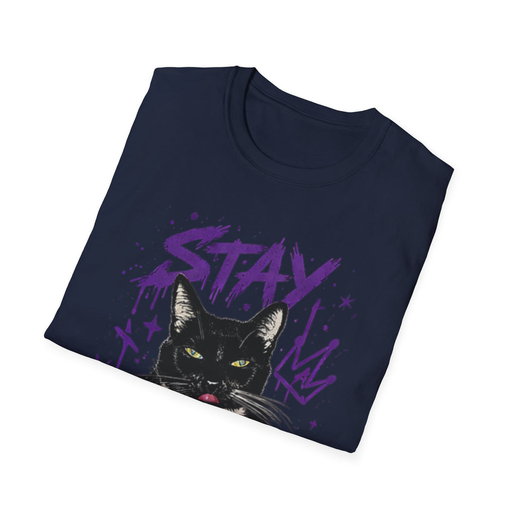 Stay Feral Cat Illustration T-Shirt | Black Cat, Purple Graffiti Text