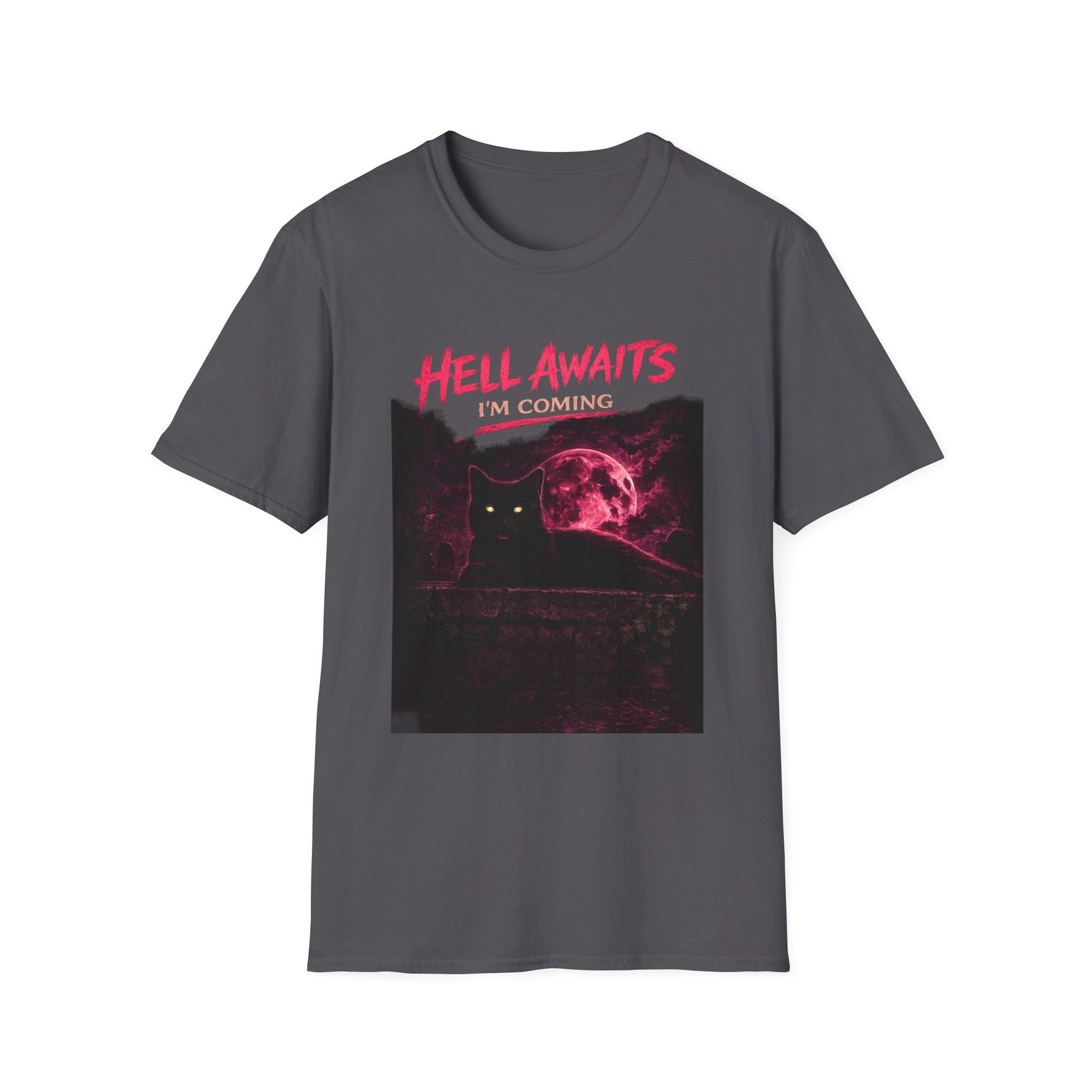 Hell Awaits I'm Coming cat graphic T-Shirt | Gothic moon, neon pink horror