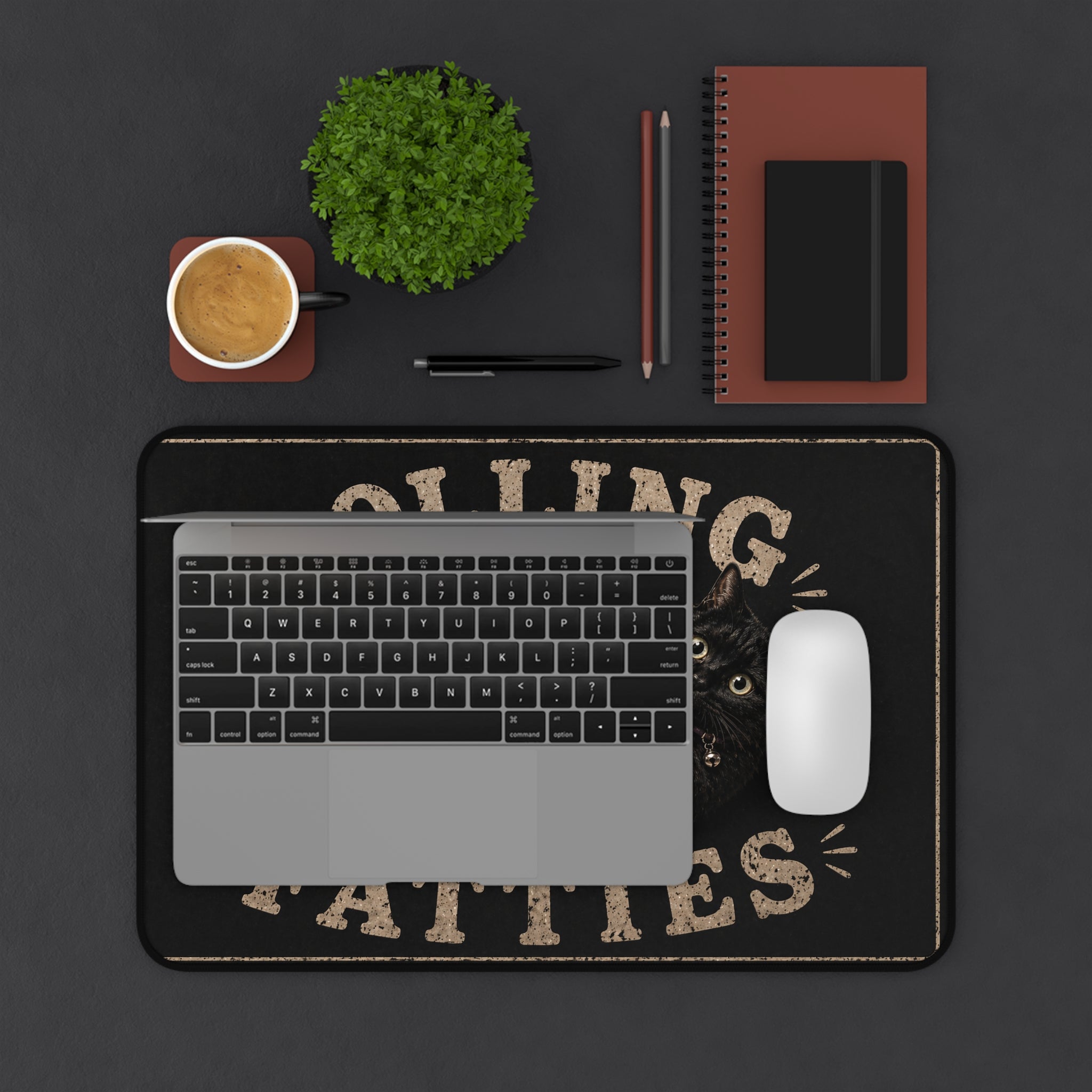 Rolling Fatties black cat illustration Desk Mat | cute chubby cat mousepad
