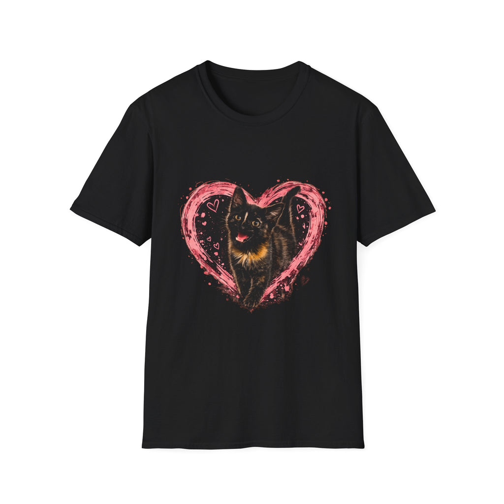Black Cat in Pink Heart T-Shirt | Cute Cat Portrait Tee
