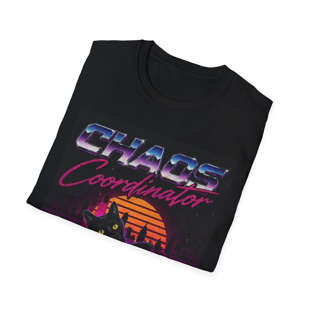 Chaos Coordinator T-Shirt | Retro Sunset Cat Silhouette, Vaporwave
