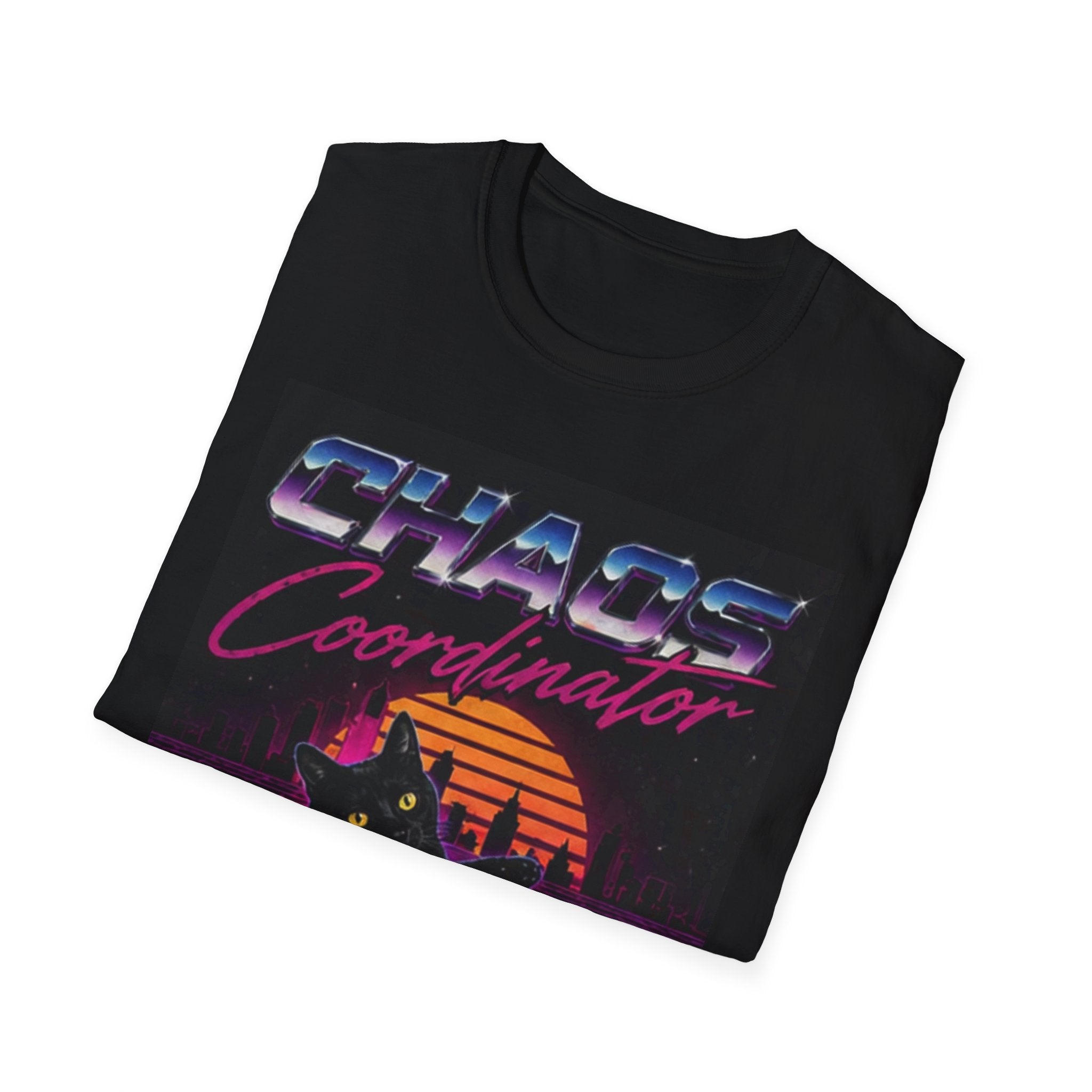 Chaos Coordinator T-Shirt | Retro Sunset Cat Silhouette, Vaporwave