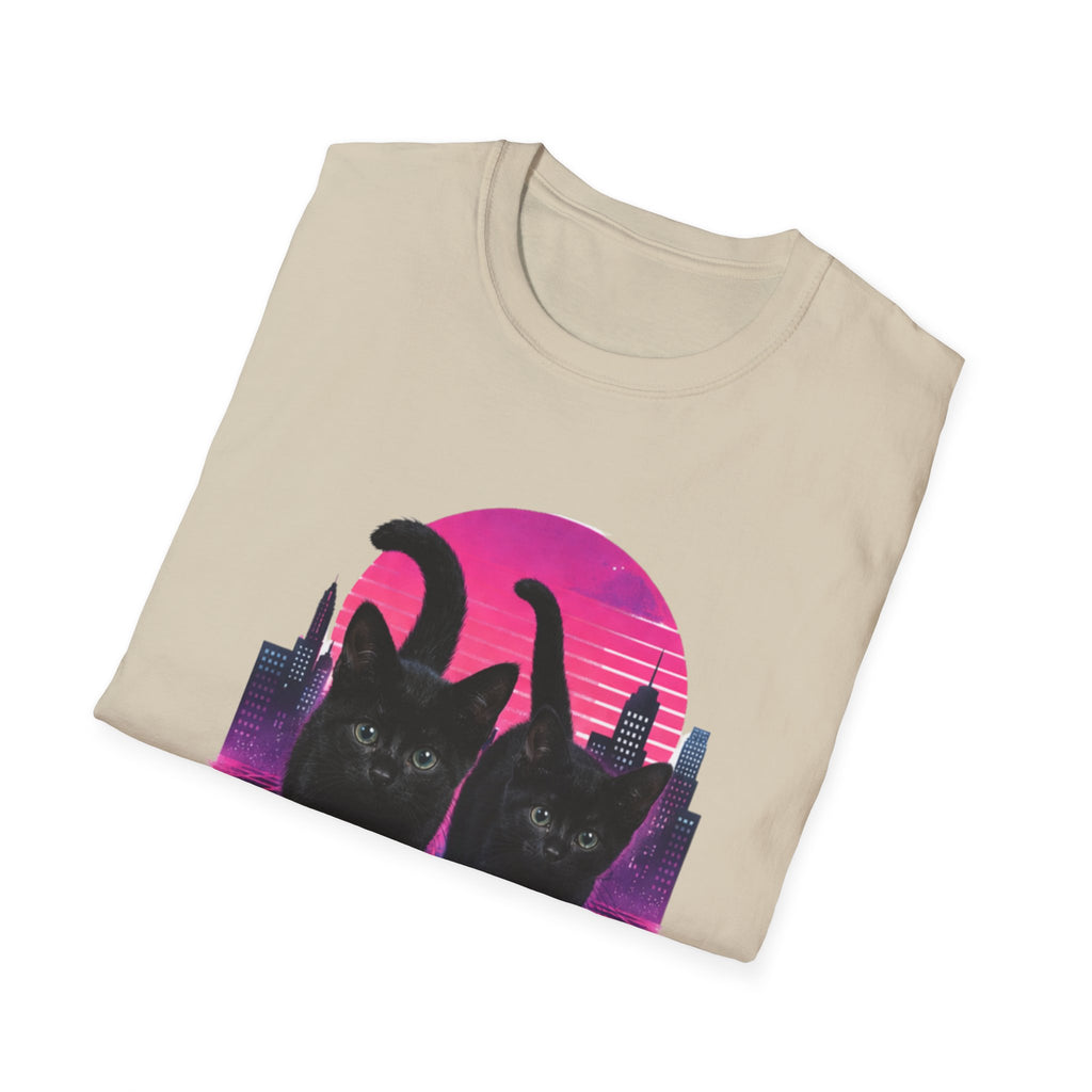 Retro Vaporwave Black Cats T-Shirt | Neon Sunset City