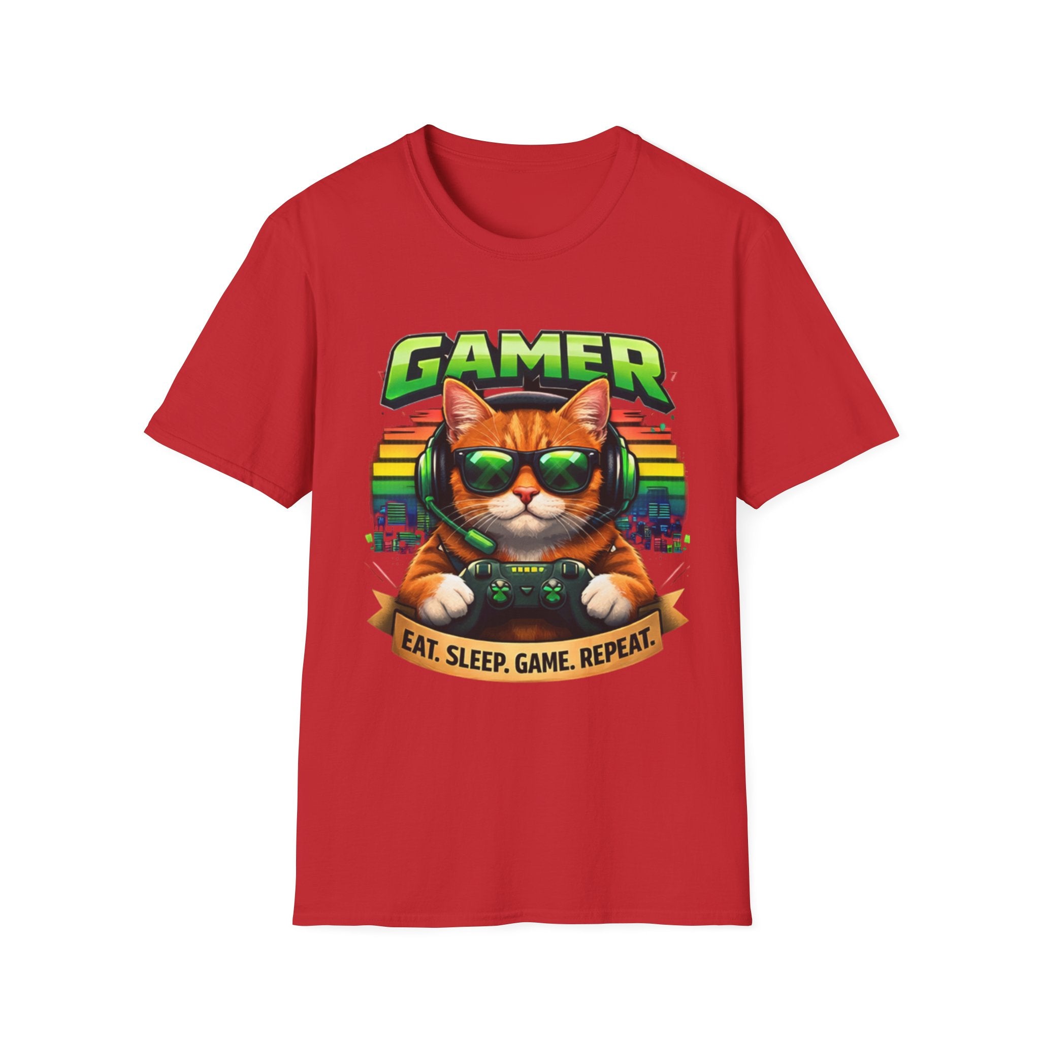 Gamer Cat with Controller T-Shirt | Eat Sleep Game Repeat