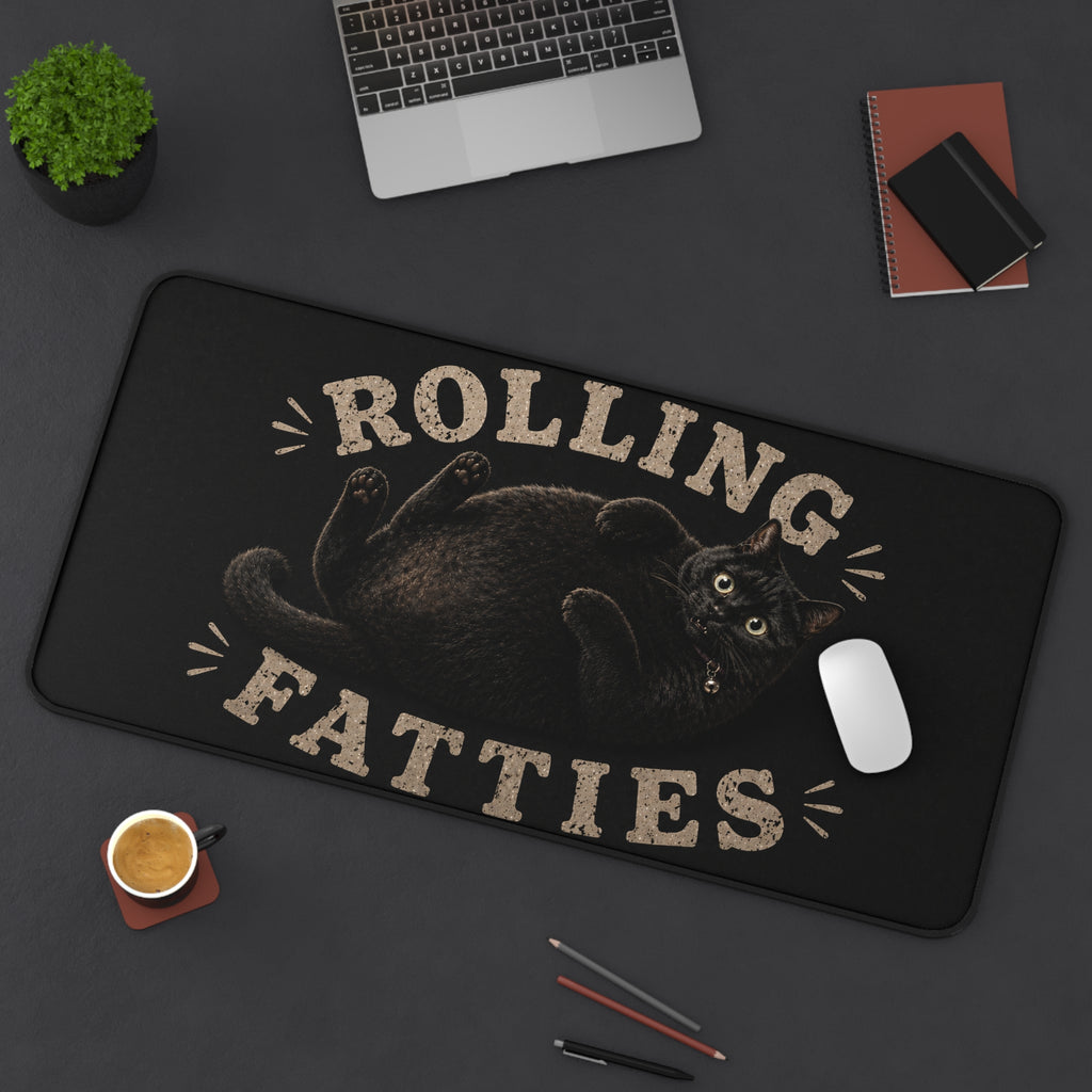 Rolling Fatties black cat illustration Desk Mat | cute chubby cat mousepad