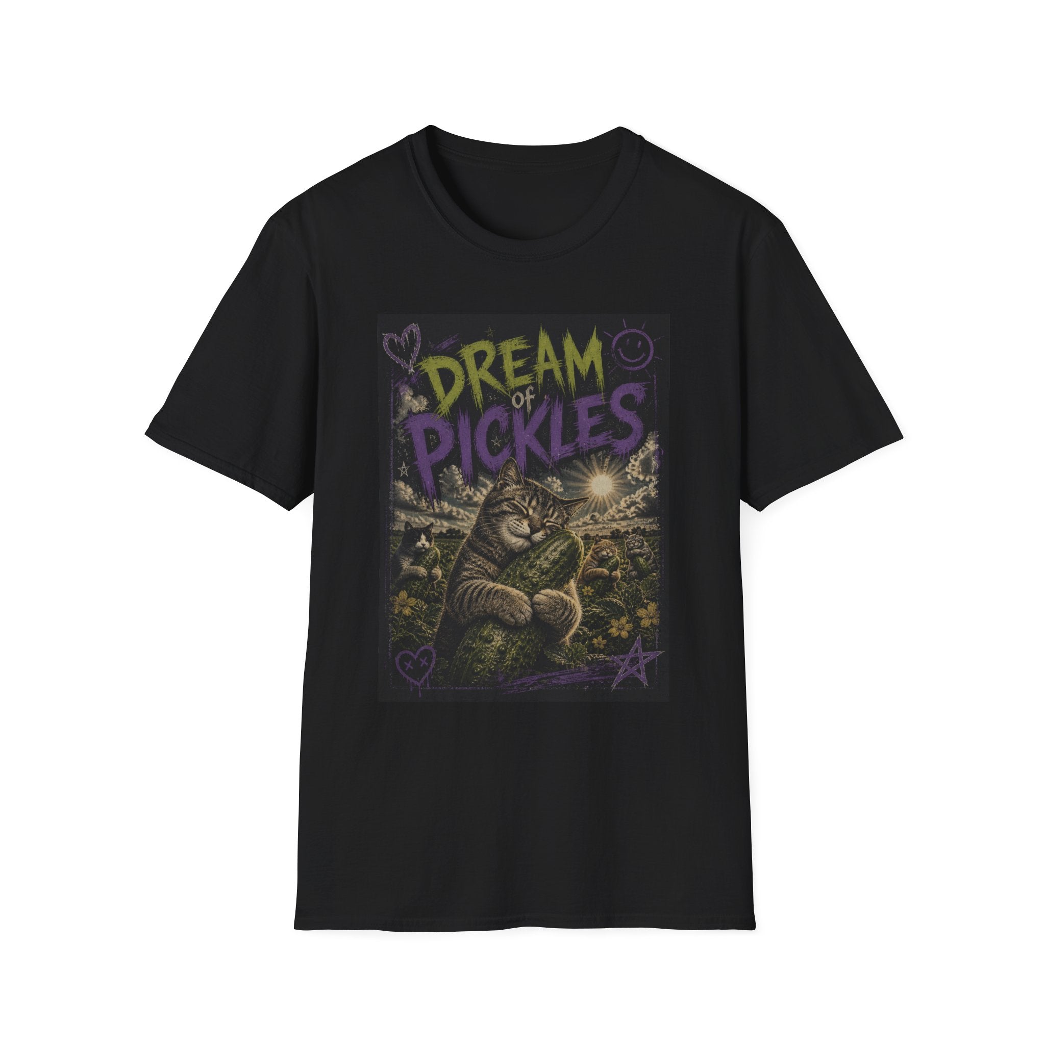 Dream of Pickles cat illustration T-Shirt | whimsical night scene, purple text