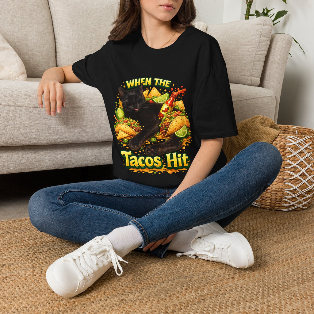 When The Tacos Hit T-Shirt | Cat, Tacos, Hot Sauce, Funny Food Graphic