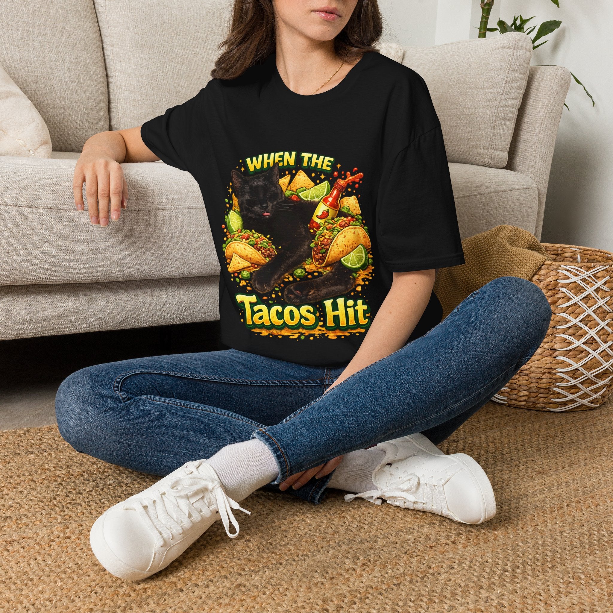 When The Tacos Hit T-Shirt | Cat, Tacos, Hot Sauce, Funny Food Graphic