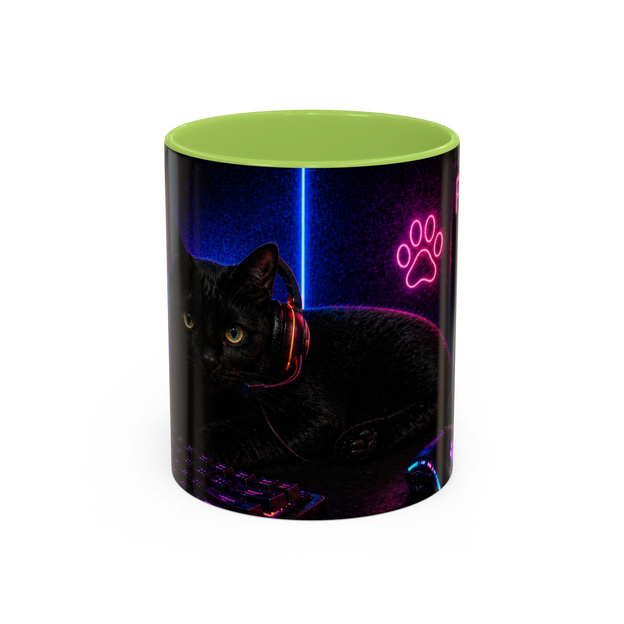 PAWS Pause Snack Game Repeat Cat Coffee Mug | Neon Gaming Cat Mug