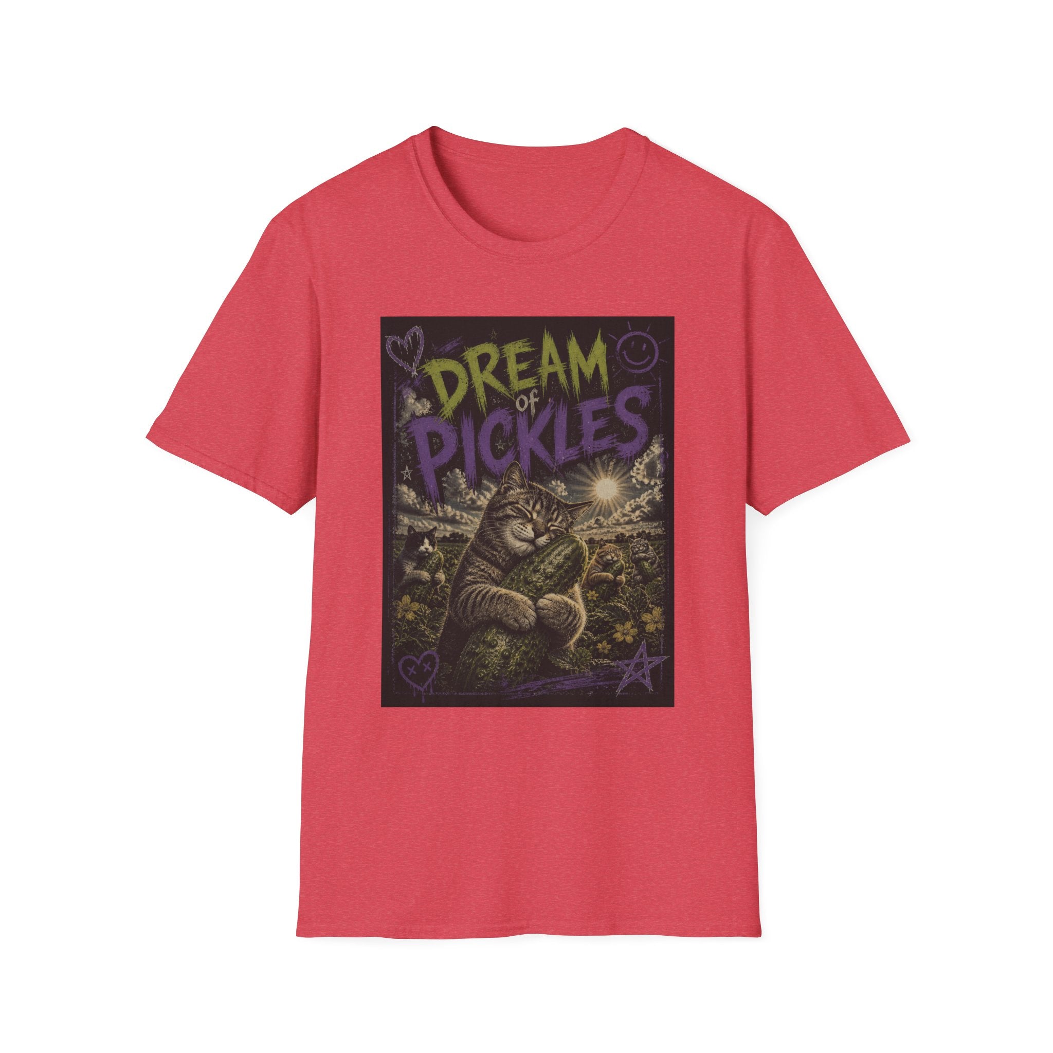 Dream of Pickles cat illustration T-Shirt | whimsical night scene, purple text