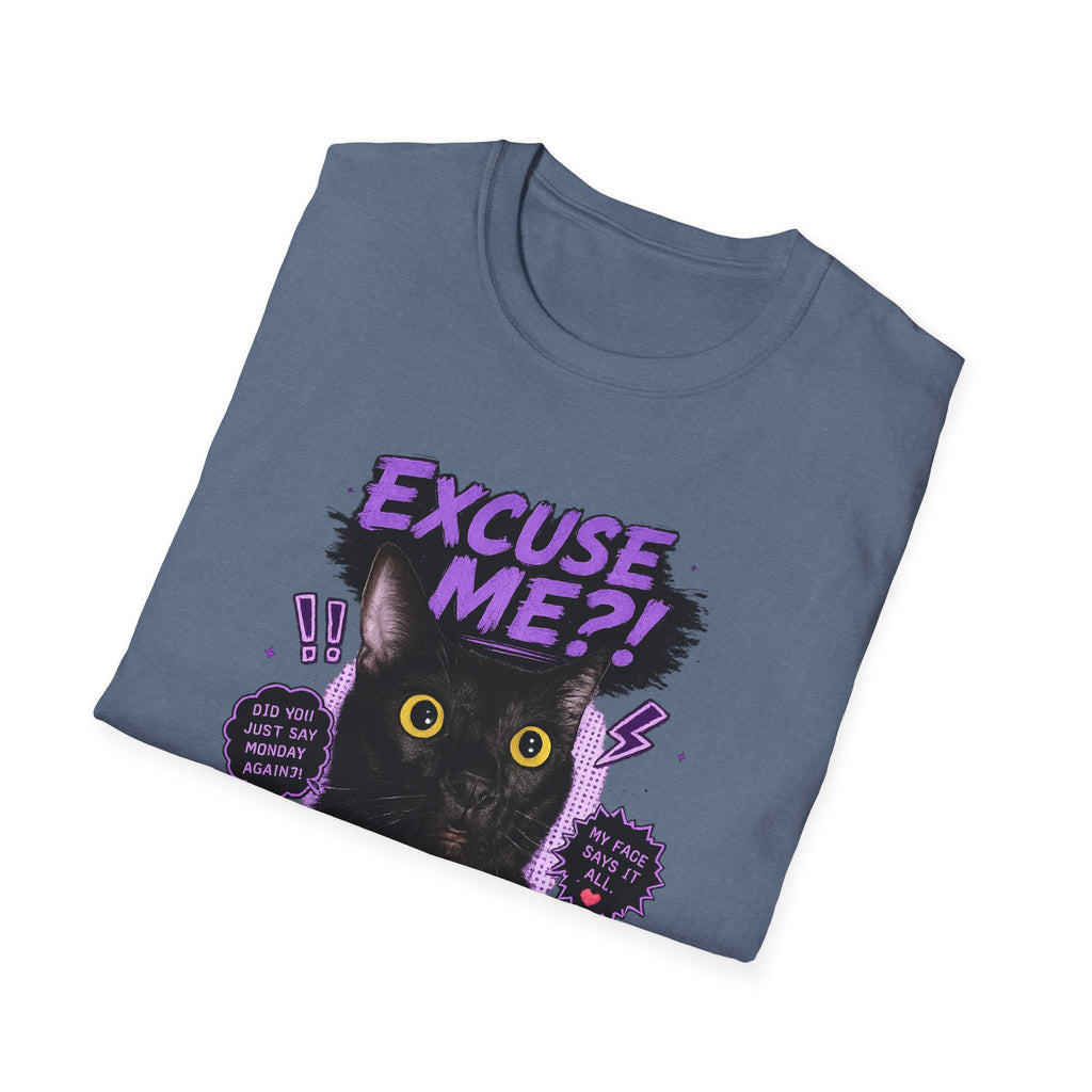 Excuse Me?! Black Cat Graphic T-Shirt | Retro Purple Horror Pop Art