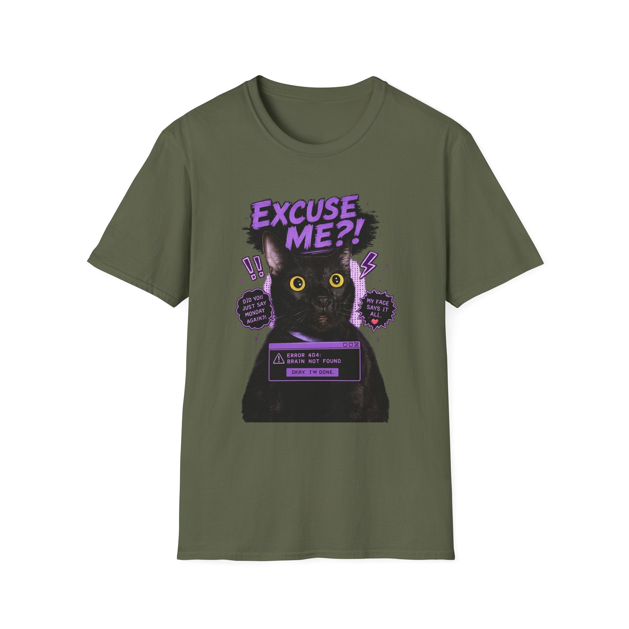 Excuse Me?! Black Cat Graphic T-Shirt | Retro Purple Horror Pop Art