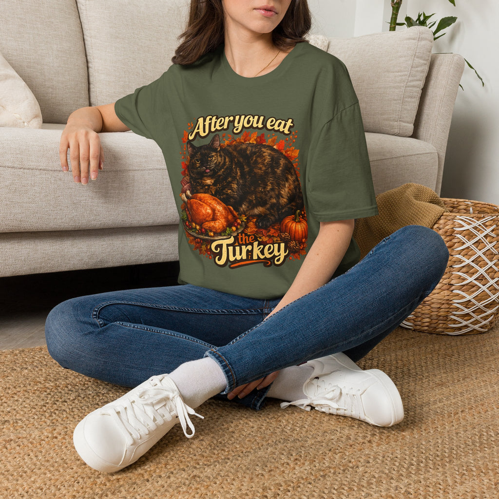 After You Eat Turkey T-Shirt | Cat Thanksgiving Design, Fall Leaves